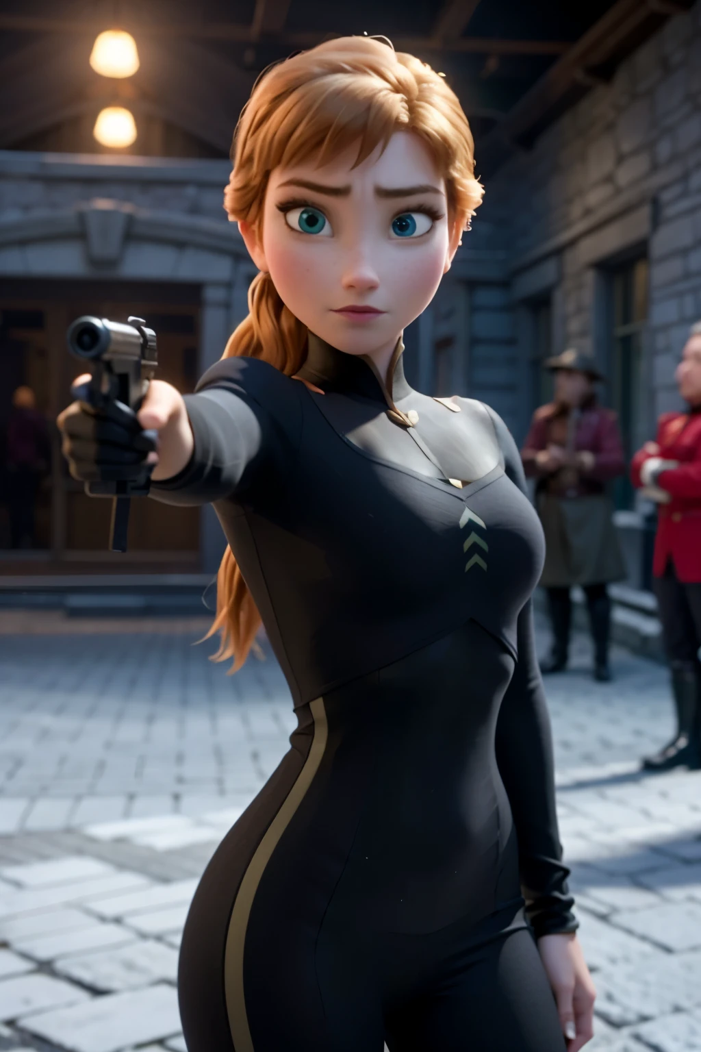 Photo of Anna of Arendelle wearing sexy black spy clothes, pointing a gun, serious face, standing, confident sexy pose stage, spy mission, top secret facility
