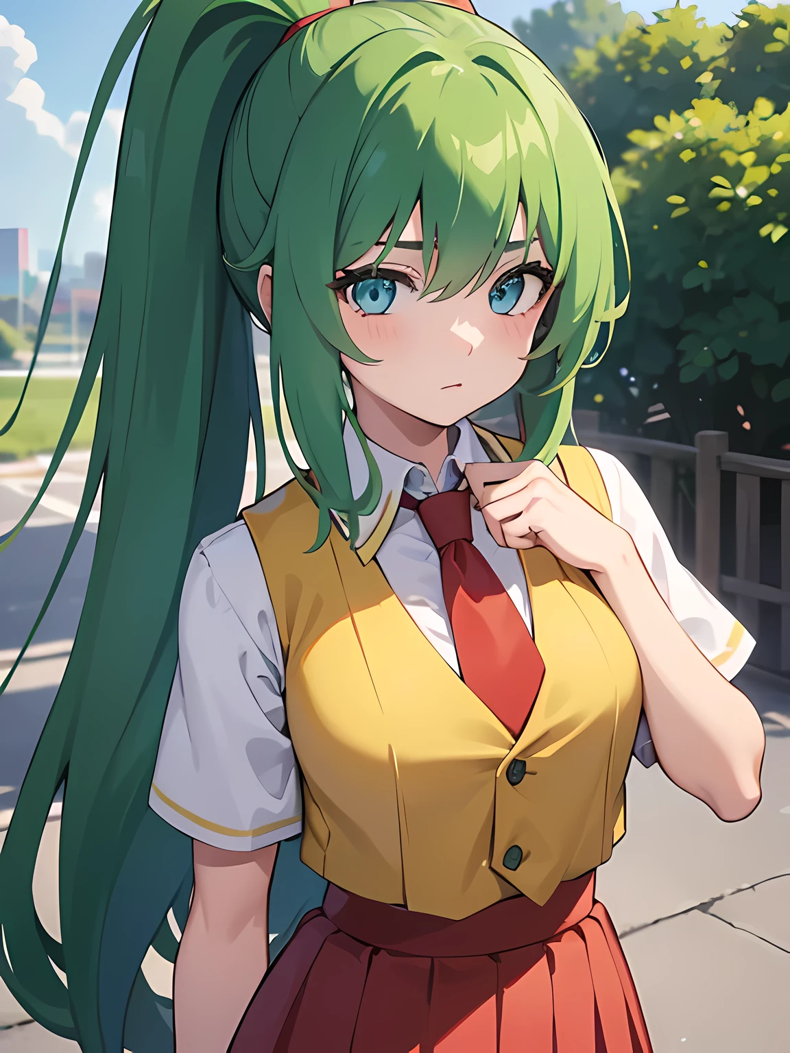 1 girl,One,Upper body,I look at the viewer,facing the viewer,Sonozaki Mion,long hair,green hair,High ponytail,split bangs,Blue eyes,yellow vest,cropped vest,open clothes,collared shirt,Red tie,White shirt,short sleeves,big breasts,Tight,Red dress,long skirt