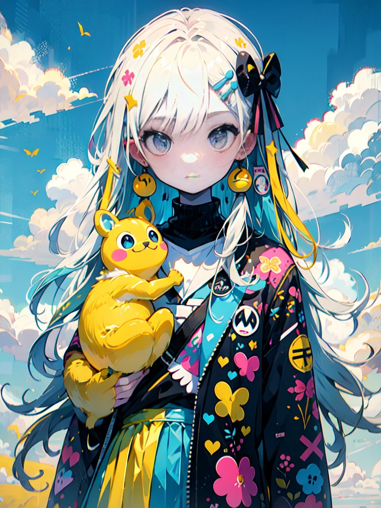 "kawaii, Lindo, Adorable chica vestida de rosa, amarillo, and baby blue color scheme. She wears sky-themed clothing with clouds and sky motifs... Su atuendo es esponjoso y suave, Con accesorios decorativos como pinzas para el cabello. Ella encarna un estilo de moda Harajuku vibrante y moderno."