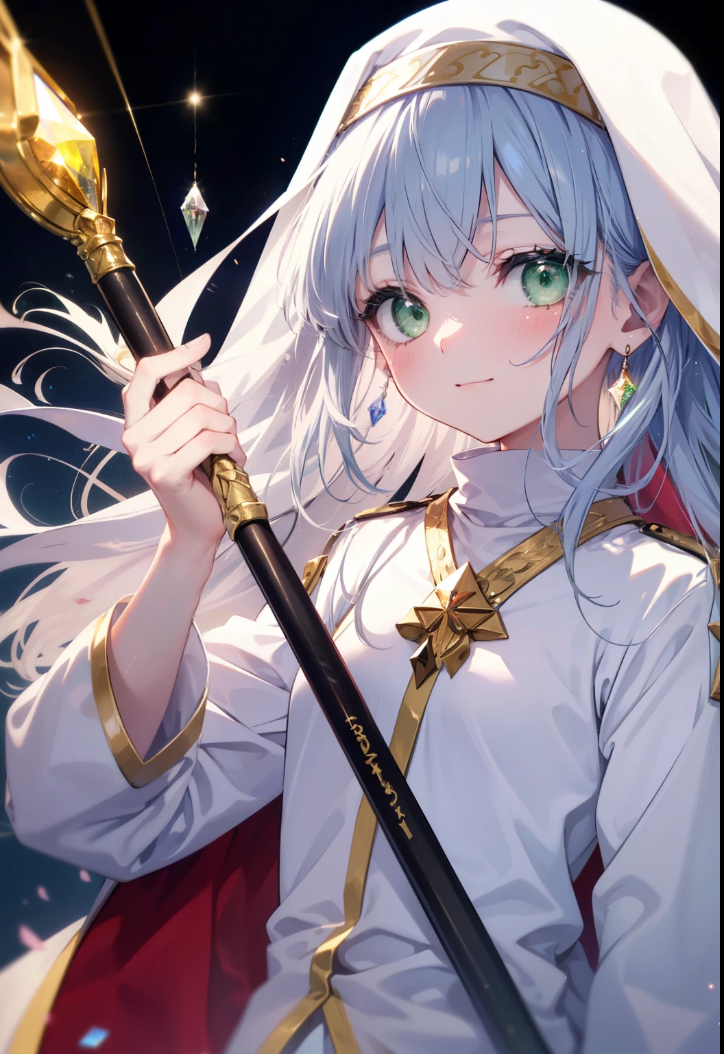 index, index, (green eyes:1.5), silver hair, long hair, (flat chest:1.2),smile,blush,
break habit, long sleeve, nun, robe, white robe, wide sleeve,brown short boots,whole bodyがイラストに入るように,Equipped with a staff with a crystal attached to it, Wave a wand with a large crystal on it:1.6, blessing of barrier,
break looking at viewer, Upper body, whole body,
break indoors, church,
break (masterpiece:1.2), highest quality, High resolution, unity 8k wallpaper, (figure:0.8), (detailed and beautiful eyes:1.6), highly detailed face, perfect lighting, Very detailed CG, (perfect hands, perfect anatomy),