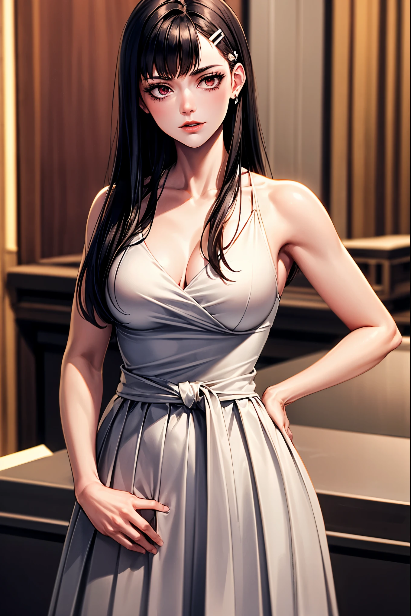 Ray tracing,{best quality}, {{masterpiece}}, {high resolution}, The original, Extremely detailed 8k wallpaper, {extremely delicate and beautiful}, realistic hand, a girl, Good body proportions, extremely detailed face, extremely detailed body, extremely detailed hand, extremely detailed eyes, beautiful eyes, glowing eyes,extremely detailed background, High quality background,(((Short to medium shots))), Detailed lips,Little mouth, looking at the audience, glare, disdainful look, confident posture, mature woman, Maki Ozu, wearing ffcl, looking at the audience, medium breasts, 20 year old woman, pleated skirt, Bangs, glowing eyes,fifth personality,Tomie,(((Suit))),齐Bangs,((white hair clip)),((((Bleeding eyes))))