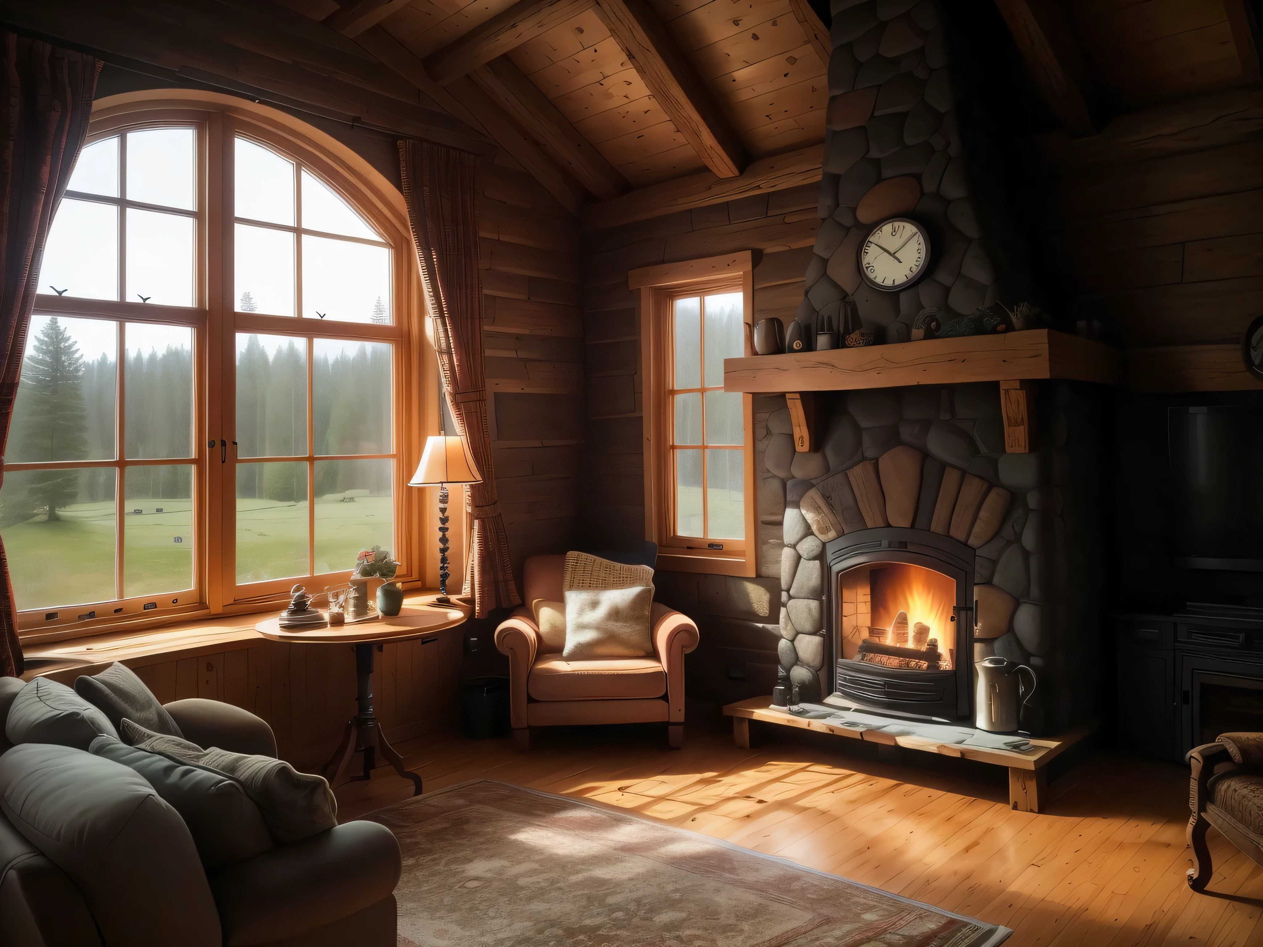 arafed room with a fireplace and a couch in front of a window, warm interior, cozy setting, cozy environment, warm living room, cozy and calm, cozy place, warm interiors, sitting in rural living room, cozy living room, warm fireplace, cosy fireplace, cozy home background, cozy and peaceful atmosphere, cozy room, cozy atmospheric