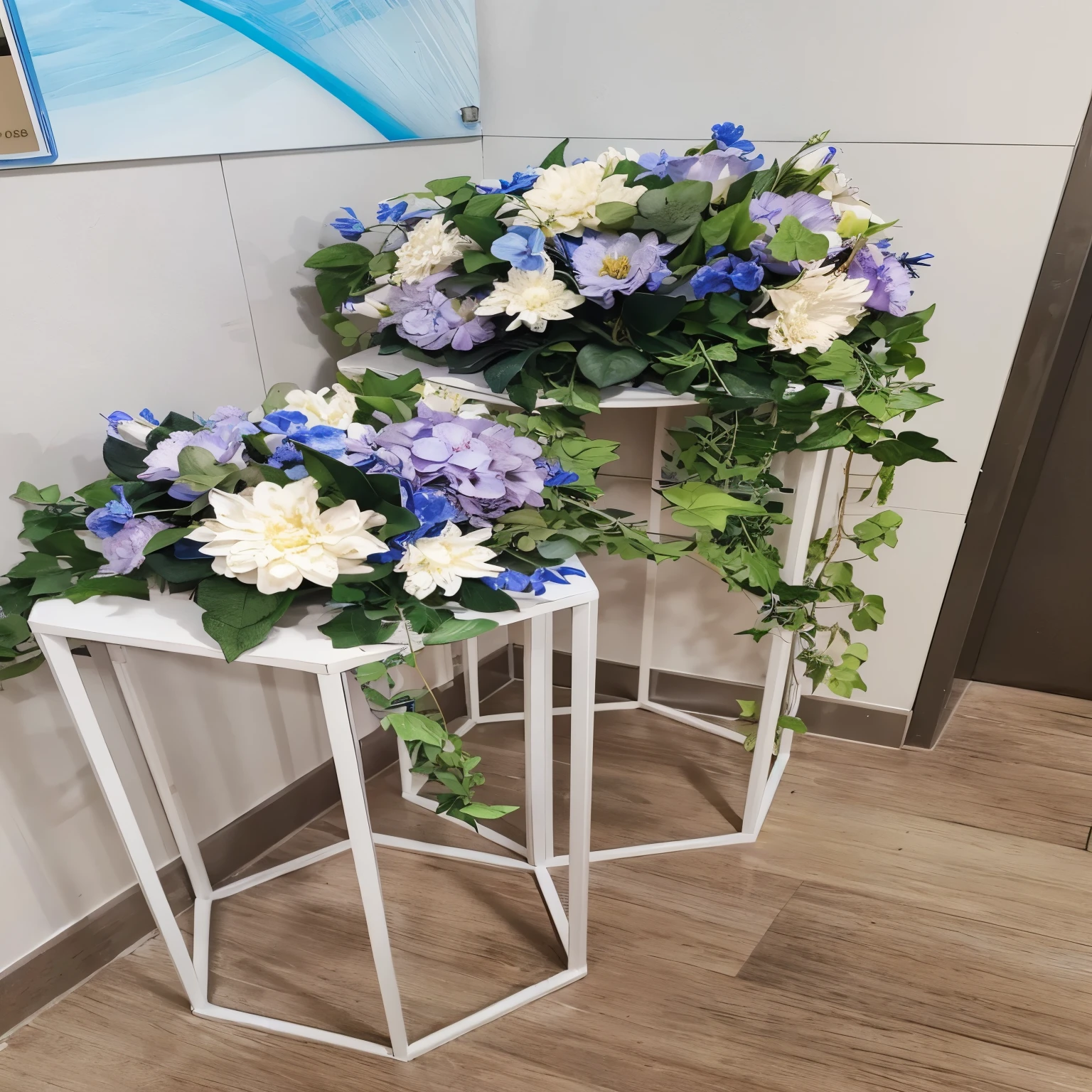there are two white and blue flowers in a white vase, floral decorations, blue flower embellishment, There are flowers and plants, white and pale blue toned, white and blue, white and blue color scheme, Decorative flower, floral design, blue and white color scheme, Blue and white shades, Decorate with flowers, white and purple, Clematis themed banner