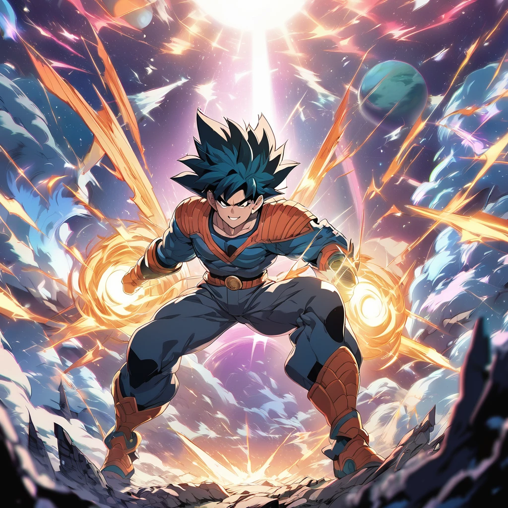 1boy, Son Goku, Dragonball, aesthetic, extremely detailed, Epic, High-resolution, Illustration, mid shot, Dragonball, exhilarated, powering up, otherworldly battle, alien planet, vibrant colors, dynamic lighting, edge lighting, fantasy, contrast, Fujifilm Superia, cinematic, Akira Toriyama, Jim Lee, Todd McFarlane, (masterpiece), (best quality), (ultra-detailed), illustration, disheveled hair, perfect composition, moist skin, intricate details