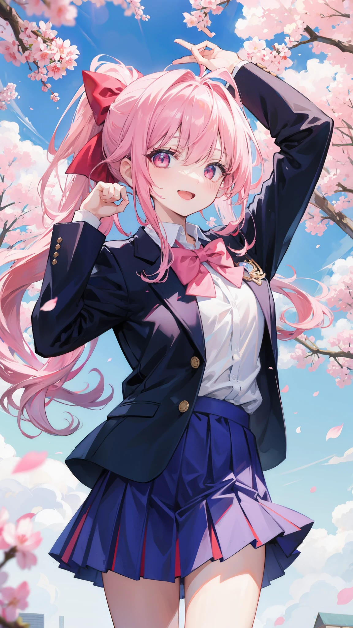 32k, 1girl, solo, long hair, looking at viewer, smile, open mouth, bangs, skirt, shirt, long sleeves, bow, ribbon, school uniform, standing, jacket, hair ribbon, white shirt, ponytail, pink hair, ahoge, :d, sidelocks, cowboy shot, pleated skirt, outdoors, sky, day, bowtie, pink eyes, arm up, red bow, tree, blue sky, blue skirt, petals, hair intakes, blazer, blue jacket, cherry blossoms,