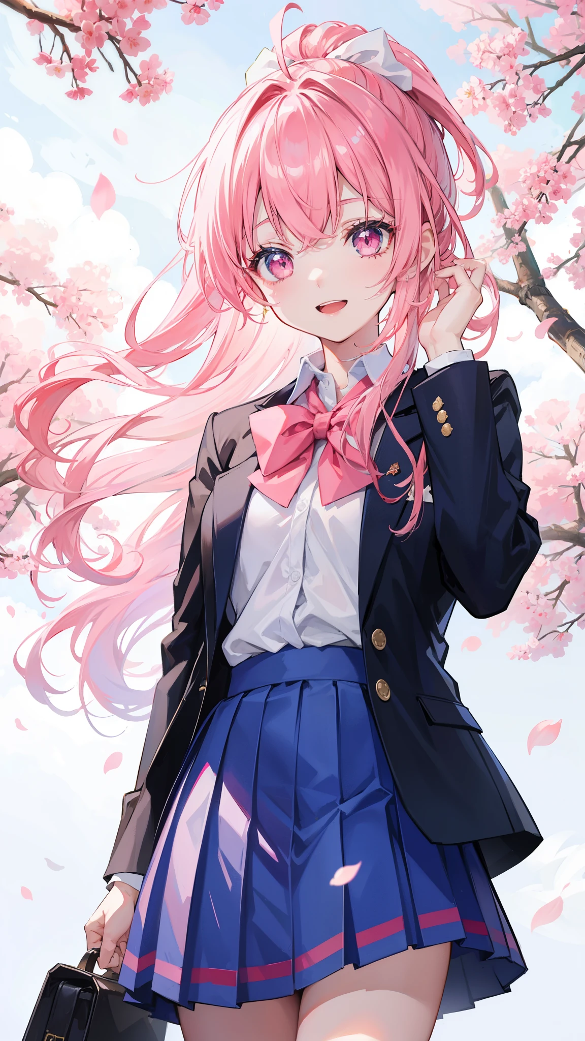32k, 1girl, solo, long hair, looking at viewer, smile, open mouth, bangs, skirt, shirt, long sleeves, bow, ribbon, school uniform, standing, jacket, hair ribbon, white shirt, ponytail, pink hair, ahoge, :d, sidelocks, cowboy shot, pleated skirt, outdoors, sky, day, bowtie, pink eyes, arm up, red bow, tree, blue sky, blue skirt, petals, hair intakes, blazer, blue jacket, cherry blossoms, 