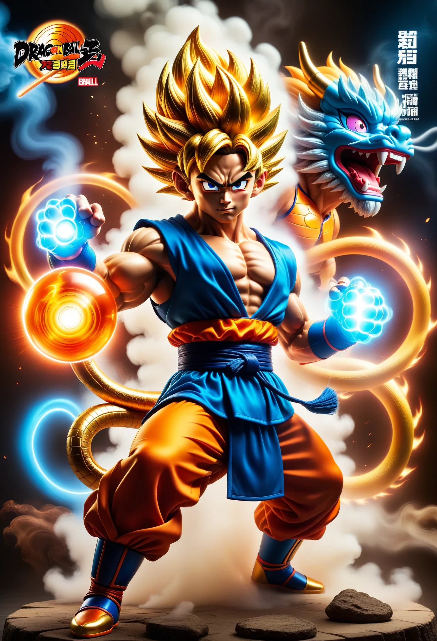 Comic show poster design，Sun Wukong (Kakarot) and《Dragon Ball》，cute，mini，small，close up，Distinctive features，muscle，Boxing gloves，building blocks，LED light source，glow，high tech，New Materials，Colorful，neon，translucent，Vibrant colors，whole body，body movements，Motion capture，Shrouded in smoke，Thick smoke，surround

