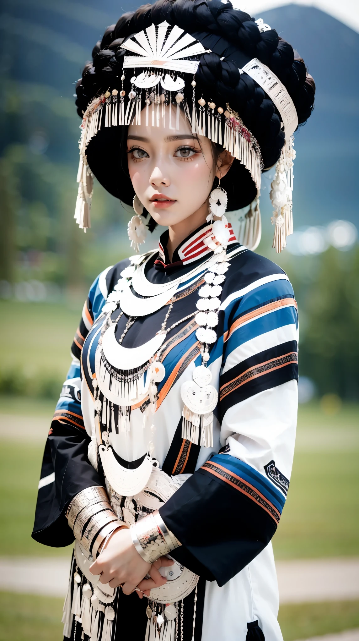 (good structure),high dynamic range,ultra high definition,8k,Yi ethnic Luoguo hat,1girl,Chinese Yi ethnic clothing,Silver metal headwear, armband, black hair, blunt bangs, blurry, blurry background, blurry foreground,Silver metal hat,Headwear metal tassels,Yi ethnic metal jewelry, brown eyes, day, depth of field, hat, lips, long sleeves, looking at viewer, outdoors, parted lips, solo