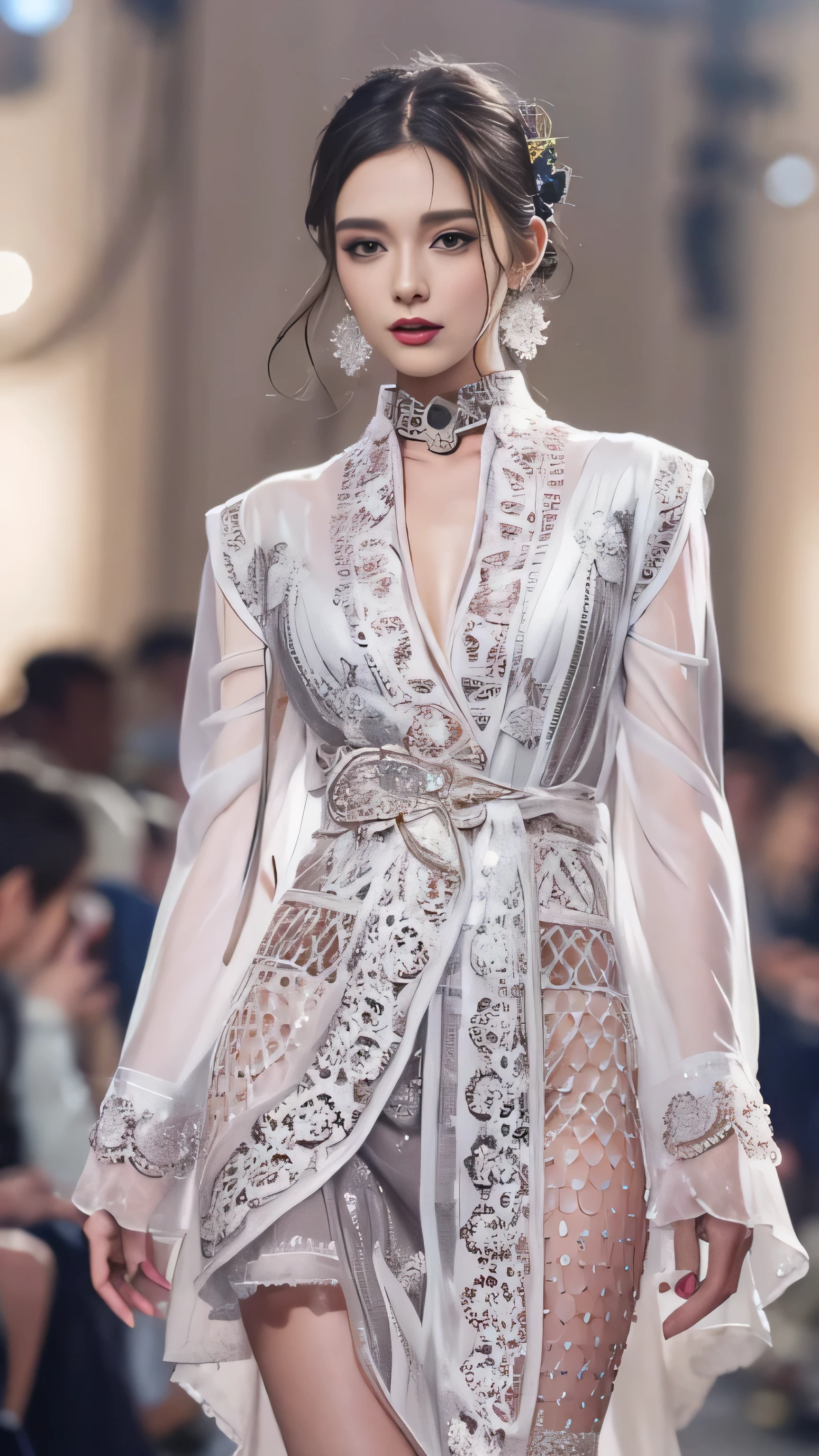 The models are in the hall々A dynamic scene of walking down the runway with、highest quality、16K high resolution、Super detailed、masterpiece、Live shooting、realistic:1.4、hyper realism:1.4、sharp focus、very delicate and beautiful、small details、1 female、alone、(full body shot:1.1)、(beautiful face:1.5)、(mature perfect body)、(detailed face:1.1)、(thin and beautiful eyes)、Perfect round eyes、(lip details)、(lipstick)、(eyeliner)、(mascara)、(eye shadow)、Spotlight、surrounded by a large audience、A model elegantly wearing a high fashion outfit.、The audience is mesmerized, and the atmosphere is vibrant and colorful, Capturing the essence of a high-end fashion show、(Clothes that expose your beautiful legs to the fullest)、At SFW