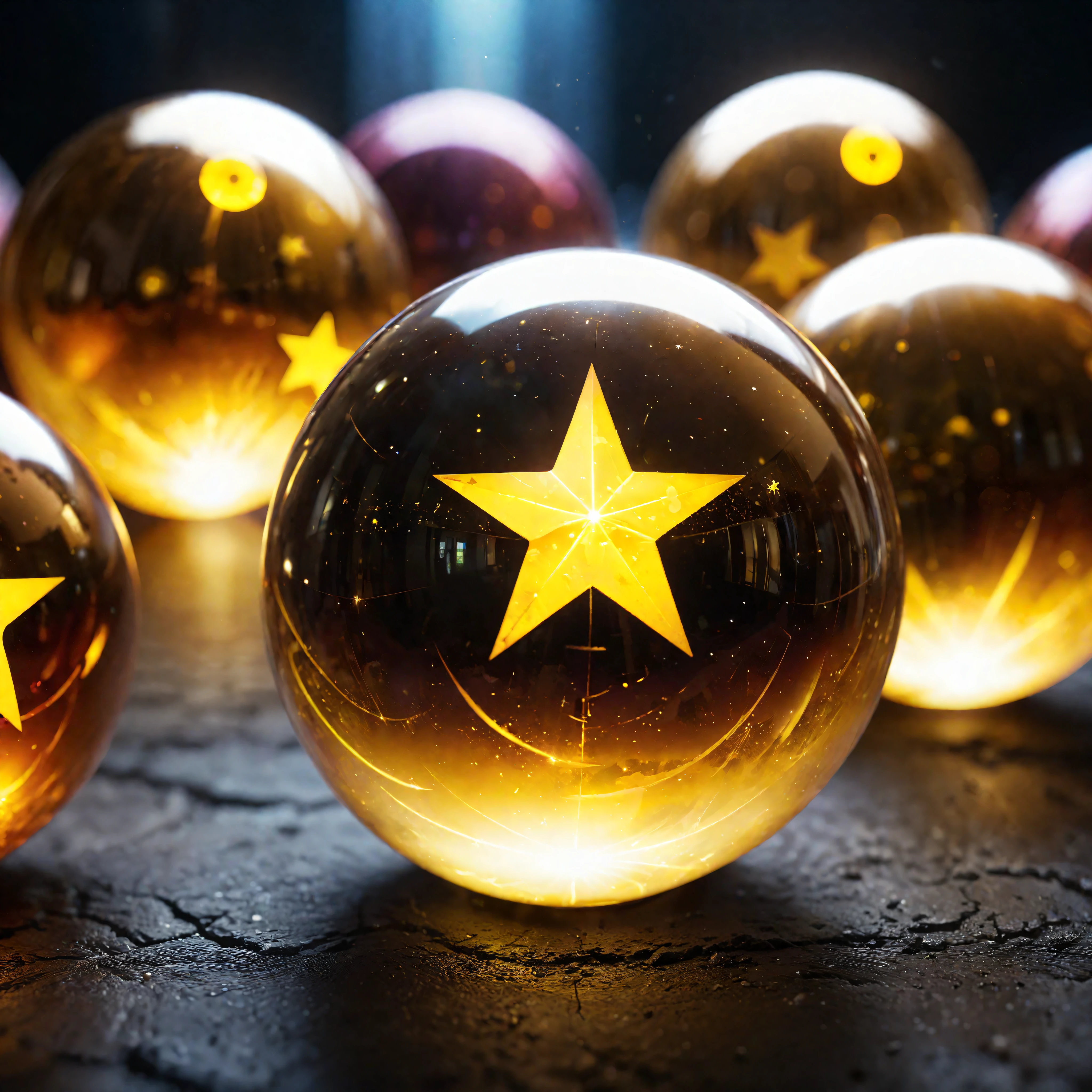 ((Masterpiece in maximum 16K resolution):1.6),((soft_color_photograpy:)1.5), ((Ultra-Detailed):1.4),((Movie-like still images and dynamic angles):1.3),| (Macro shot cinematic photo of Dragonball's iconic dragon balls), (yellow five point stars in the middle of the ball), (macro lens), (tyndall effect), (shimmer), (visual experience) ,(Realism), (Realistic),award-winning graphics, dark shot, film grain, extremely detailed, Digital Art, rtx, Unreal Engine, scene concept anti glare effect, All captured with sharp focus.
