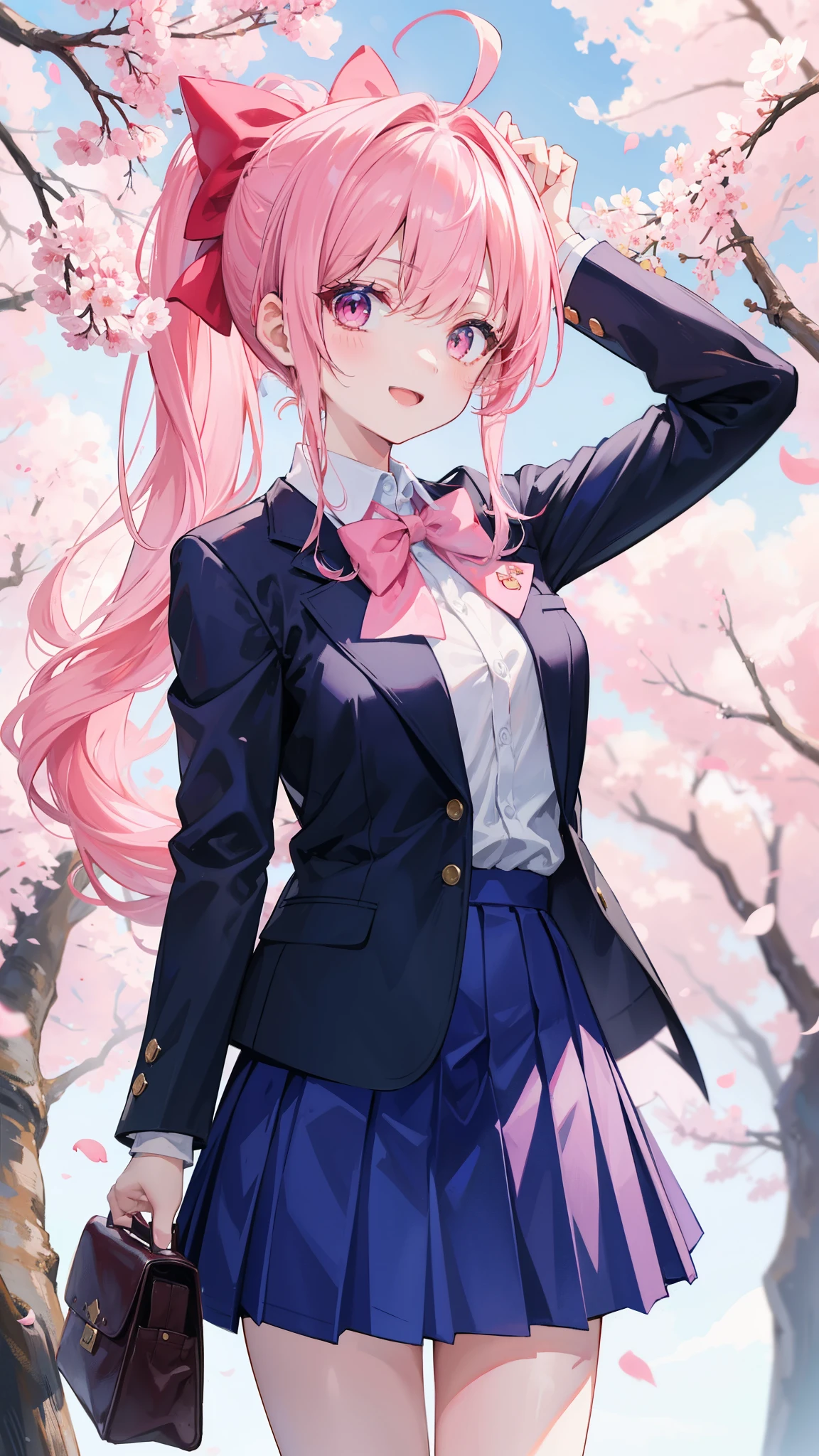 32k, 1girl, solo, long hair, looking at viewer, smile, open mouth, bangs, skirt, shirt, long sleeves, bow, ribbon, school uniform, standing, jacket, hair ribbon, white shirt, ponytail, pink hair, ahoge, :d, sidelocks, cowboy shot, pleated skirt, outdoors, sky, day, bowtie, pink eyes, arm up, red bow, tree, blue sky, blue skirt, petals, hair intakes, blazer, blue jacket, cherry blossoms,