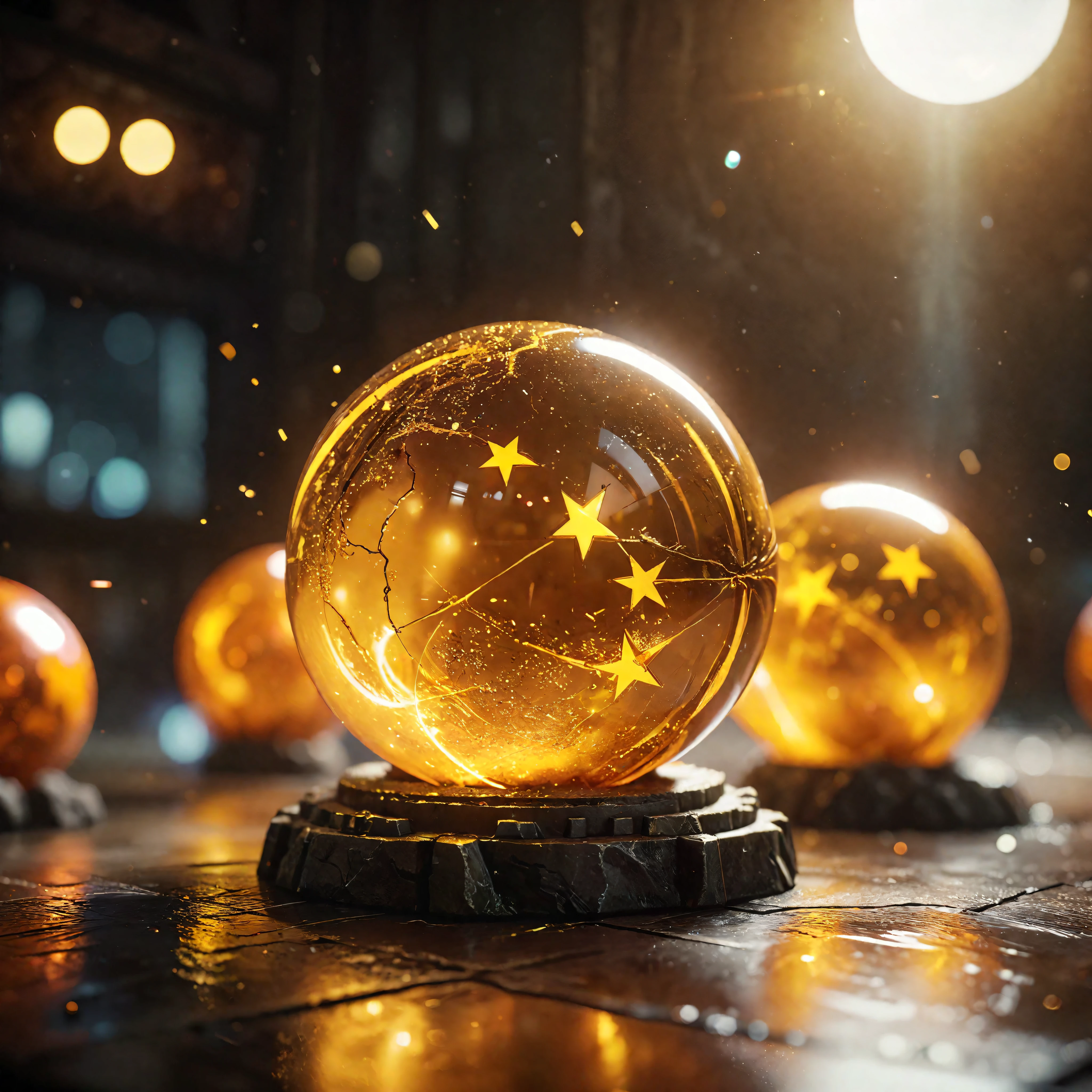 ((Masterpiece in maximum 16K resolution):1.6),((soft_color_photograpy:)1.5), ((Ultra-Detailed):1.4),((Movie-like still images and dynamic angles):1.3),| (Macro shot cinematic photo of Dragonball's iconic dragon balls), (yellow five point stars in the middle of the ball), (macro lens), (tyndall effect), (shimmer), (visual experience) ,(Realism), (Realistic),award-winning graphics, dark shot, film grain, extremely detailed, Digital Art, rtx, Unreal Engine, scene concept anti glare effect, All captured with sharp focus.