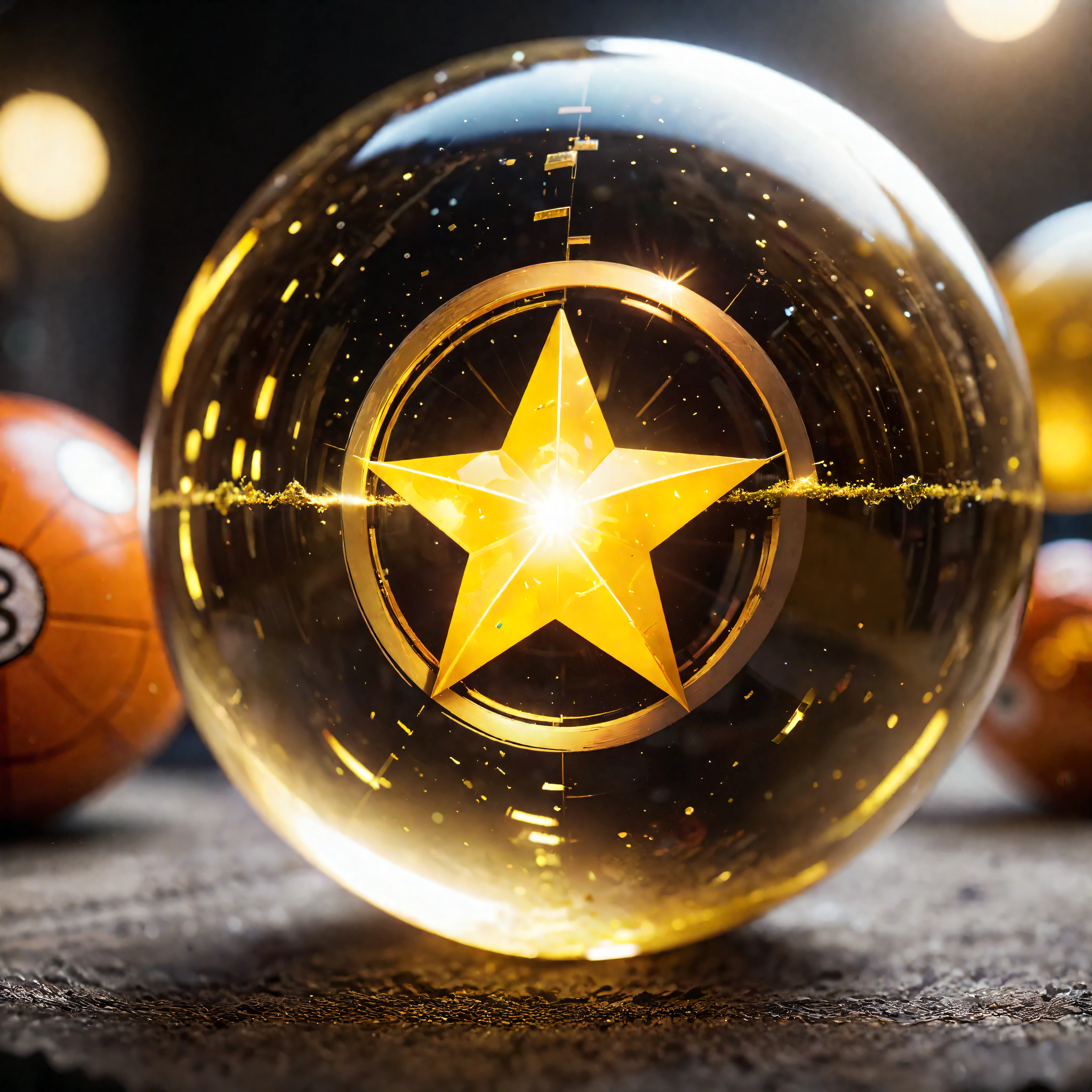 ((Masterpiece in maximum 16K resolution):1.6),((soft_color_photograpy:)1.5), ((Ultra-Detailed):1.4),((Movie-like still images and dynamic angles):1.3),| (Macro shot cinematic photo of a Dragonball's iconic dragon ball), (yellow five point star in the middle of the ball), (macro lens), (tyndall effect), (shimmer), (visual experience) ,(Realism), (Realistic),award-winning graphics, dark shot, film grain, extremely detailed, Digital Art, rtx, Unreal Engine, scene concept anti glare effect, All captured with sharp focus.