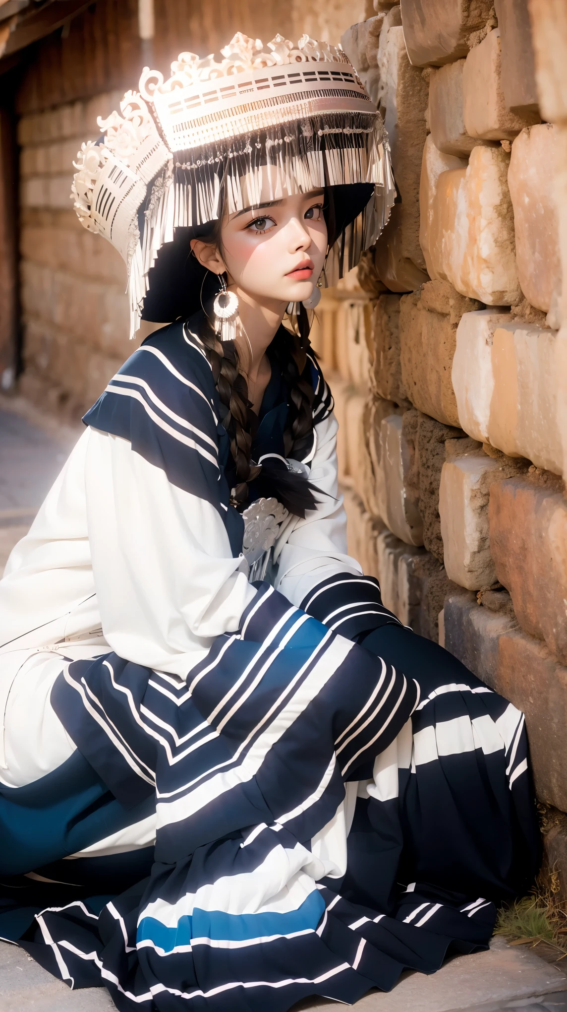 (good structure),high dynamic range,ultra high definition,8k,1girl,Chinese Yi ethnic clothing,Silver metal headwear, capelet, earrings, jewelry,A huge metal hat,Headwear metal tassels,Silver metal hat, lips, long sleeves, short hair, solo, water, wide sleeves
