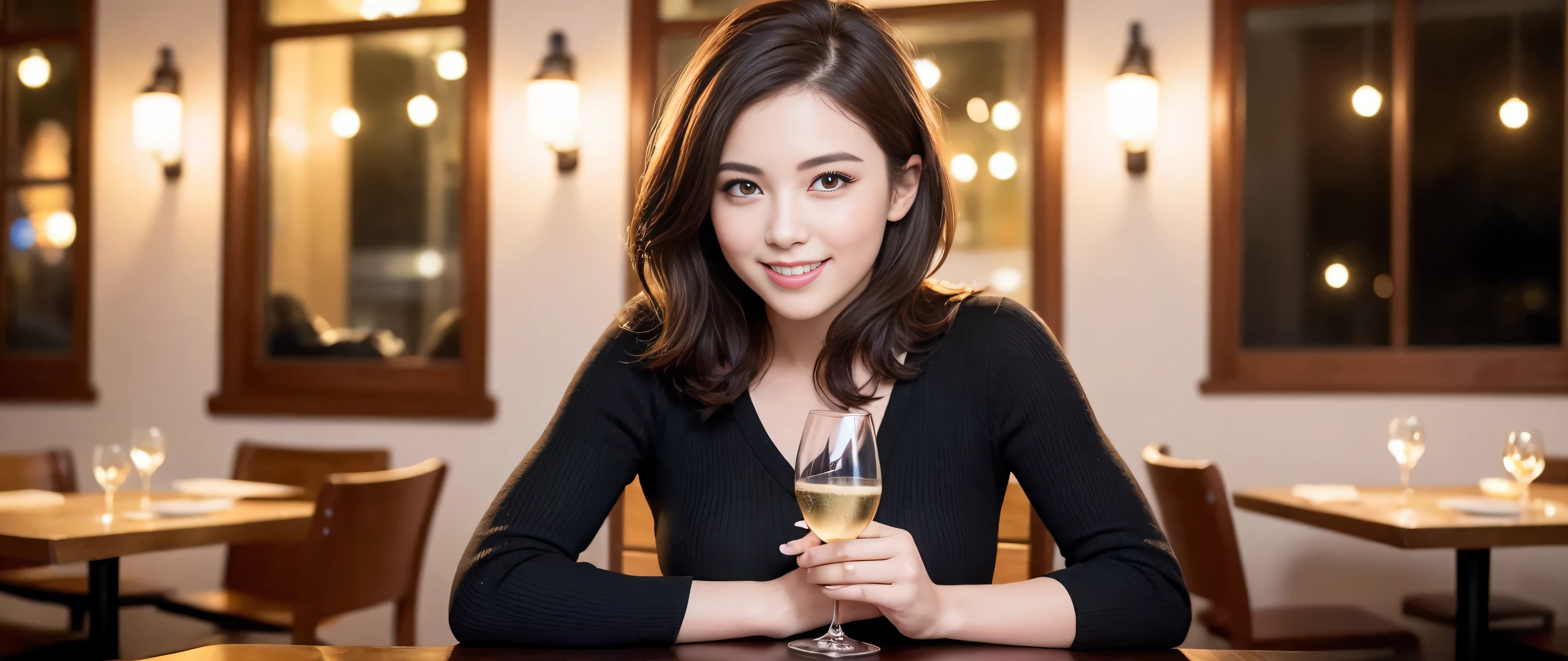 64k, Hmm, highest quality, masterpiece: 1.2), (realistic, photorealistic: 1.37), Super detailed, 3 slim beauties, (slim face),Happy、 the best smile、Fox face、Berry Short、(because I&#39;thin), (brown hair), (shortcut), long sleeve shirt、winter fashion、Colombian、Brazilian、Japanese、Dutch、German、Portuguese、Belgian、Italian、French,Champagne、sparkling wine、 (squirt), (slim body), (brown hair), (shortcut), neat beauty、cheeks turn a little red, (35 years old), 38 years old, alone, A beautiful and detailed night view spreads out outside the window....., restaurant, wine glass is sitting, At night, in a prominent place (from the Upper body) nova frog style, actress, model, Upper body, White wine, slim, wine glass, Very beautiful night view, wine glass Put in the Middle, Happy smile, (smile: 1.15), 