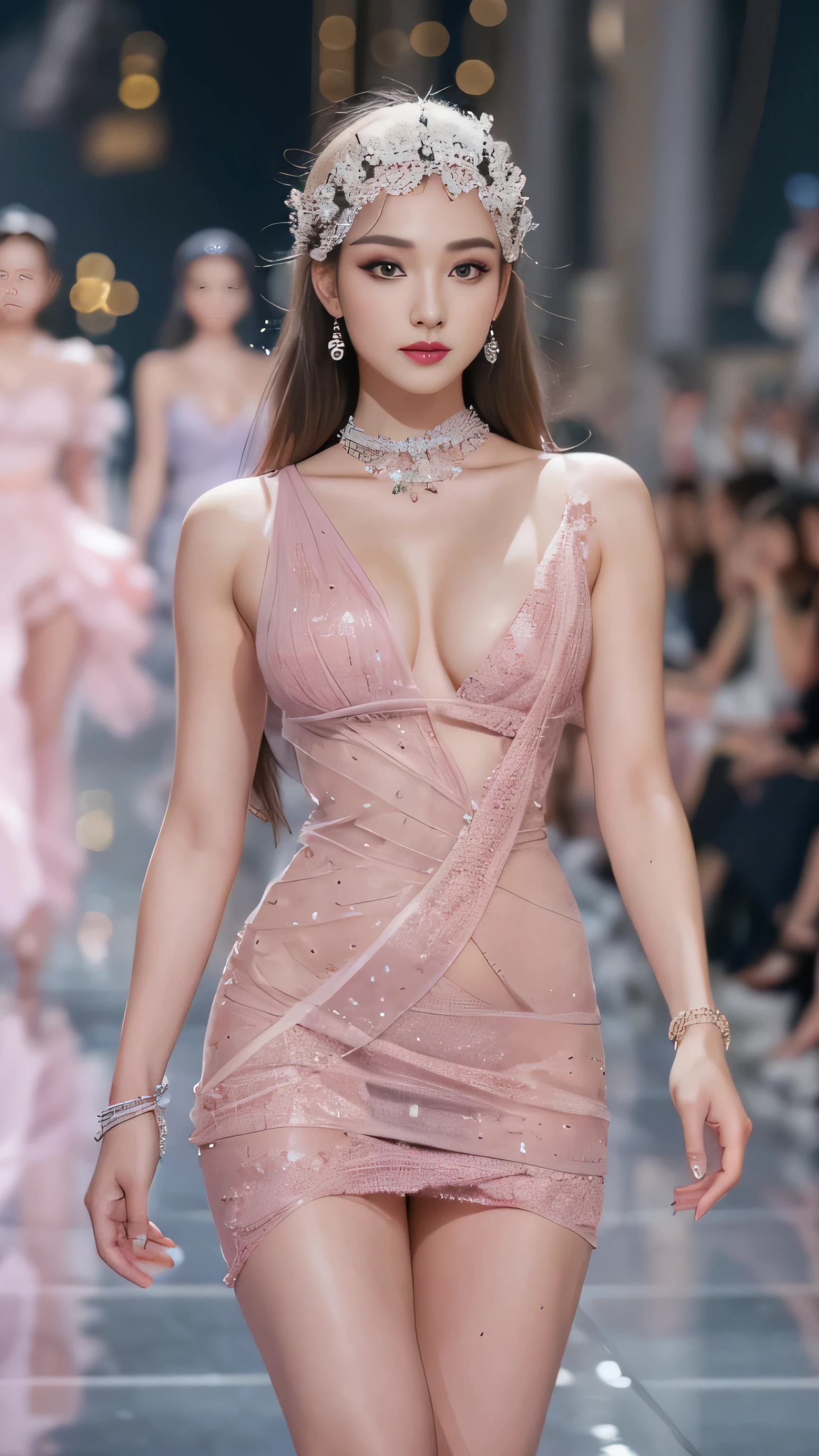 The models are in the hall々A dynamic scene of walking down the runway with、highest quality、16K high resolution、Super detailed、masterpiece、Live shooting、realistic:1.4、hyper realism:1.4、sharp focus、very delicate and beautiful、small details、1 female、alone、(full body shot:1.1)、(beautiful face:1.5)、(mature perfect body)、(detailed face:1.1)、(thin and beautiful eyes)、Perfect round eyes、(lip details)、(lipstick)、(eyeliner)、(mascara)、(eye shadow)、Spotlight、surrounded by a large audience、A model elegantly wearing a high fashion outfit.、The audience is mesmerized, and the atmosphere is vibrant and colorful, Capturing the essence of a high-end fashion show、(Clothes that expose your beautiful legs to the fullest)、At SFW