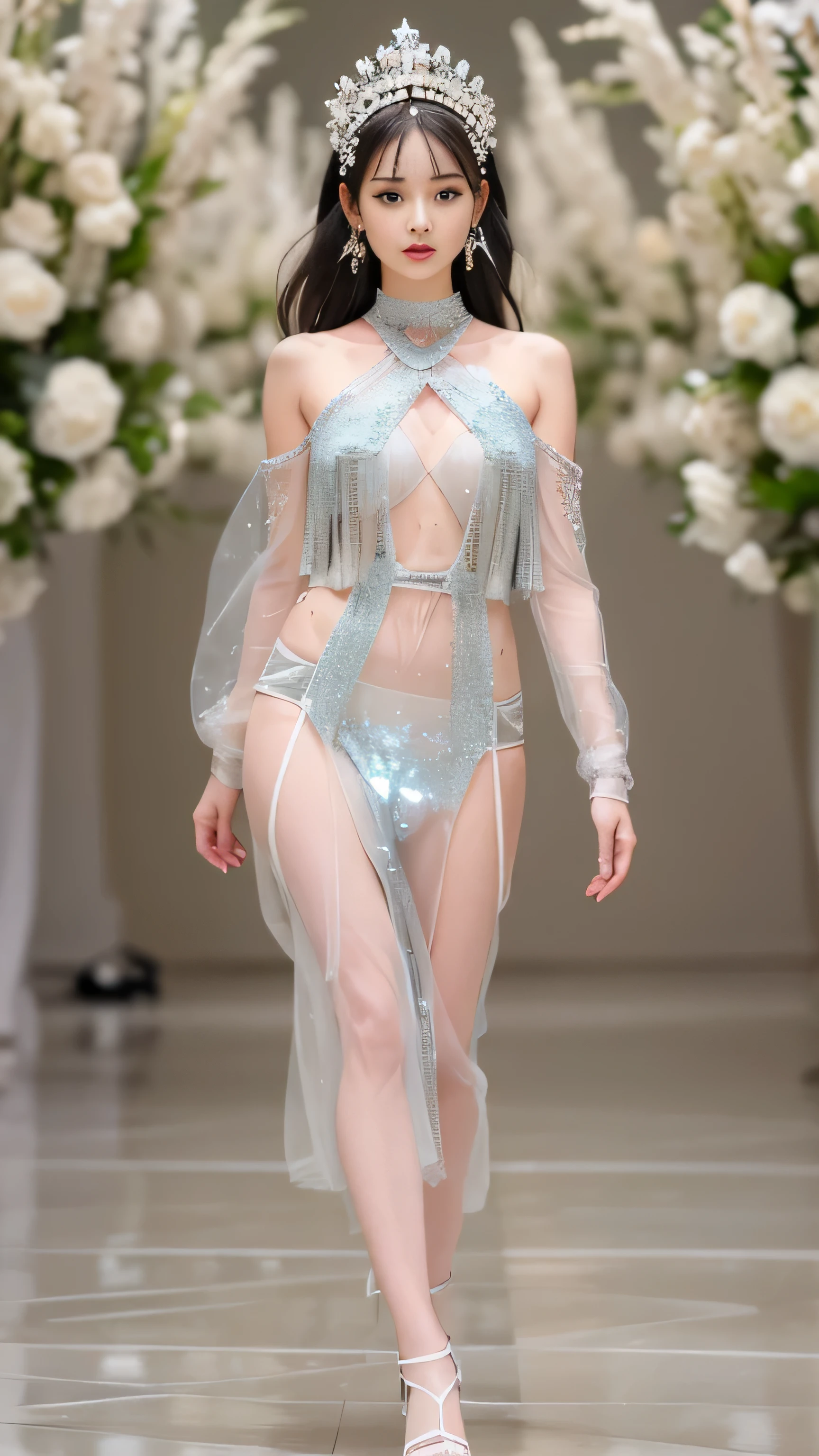 The models are in the hall々A dynamic scene of walking down the runway with、highest quality、16K high resolution、Super detailed、masterpiece、Live shooting、realistic:1.4、hyper realism:1.4、sharp focus、very delicate and beautiful、small details、1 female、alone、(full body shot:1.1)、(beautiful face:1.5)、(mature perfect body)、(detailed face:1.1)、(thin and beautiful eyes)、Perfect round eyes、(lip details)、(lipstick)、(eyeliner)、(mascara)、(eye shadow)、Spotlight、surrounded by a large audience、A model elegantly wearing a high fashion outfit.、The audience is mesmerized, and the atmosphere is vibrant and colorful, Capturing the essence of a high-end fashion show、(Clothes that expose your beautiful legs to the fullest)、At SFW