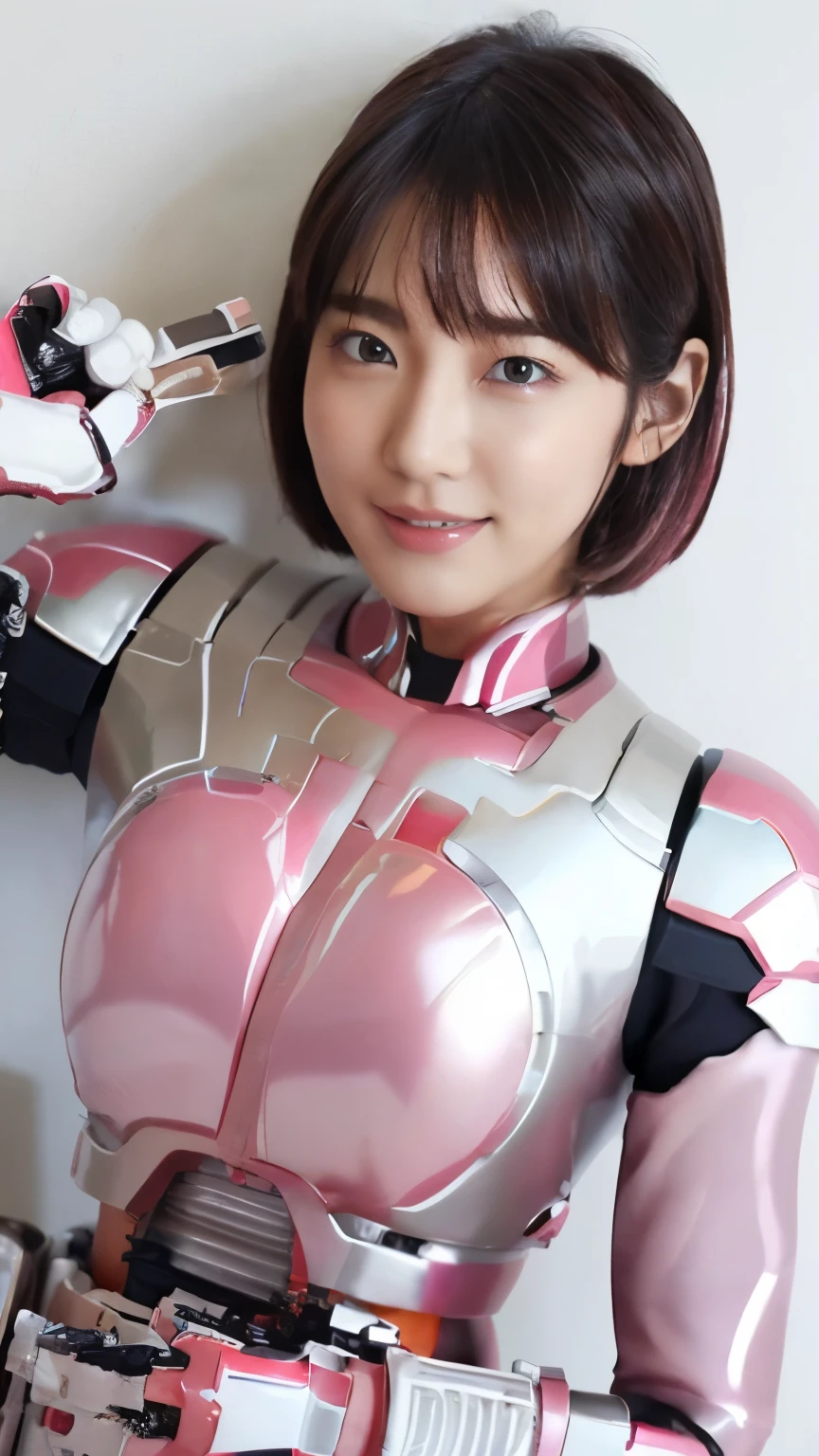 （super highest quality、In 8K、masterpiece、delicate illustrations、lying down:1.5、master piece:1.3）,(She wears a futuristic battle suit with a dark pink and white shine.:1.5)、A beautiful and bewitching Japanese 22-year-old woman:1.5、plump body:1.3、black hair、bob cut、smile、dynamic pose:1.3、Bedroom、NSFW:2, smile、on the bed、show off your chest:1.3