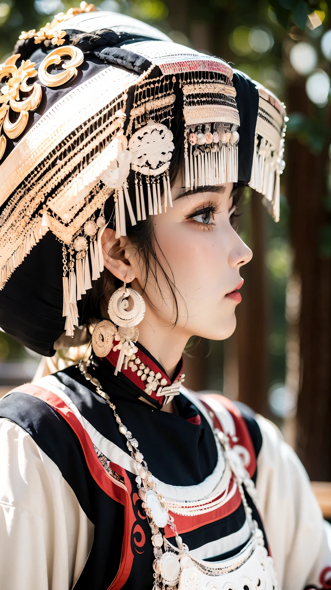 (good structure),high dynamic range,ultra high definition,8k,A huge metal hat,1girl,Chinese Yi ethnic clothing,Silver metal headwear, beads, blunt bangs, brown background,Headwear metal tassels,Fruits on the body,Silver metal hat, brown eyes, eyelashes, lips, looking away, profile, solo