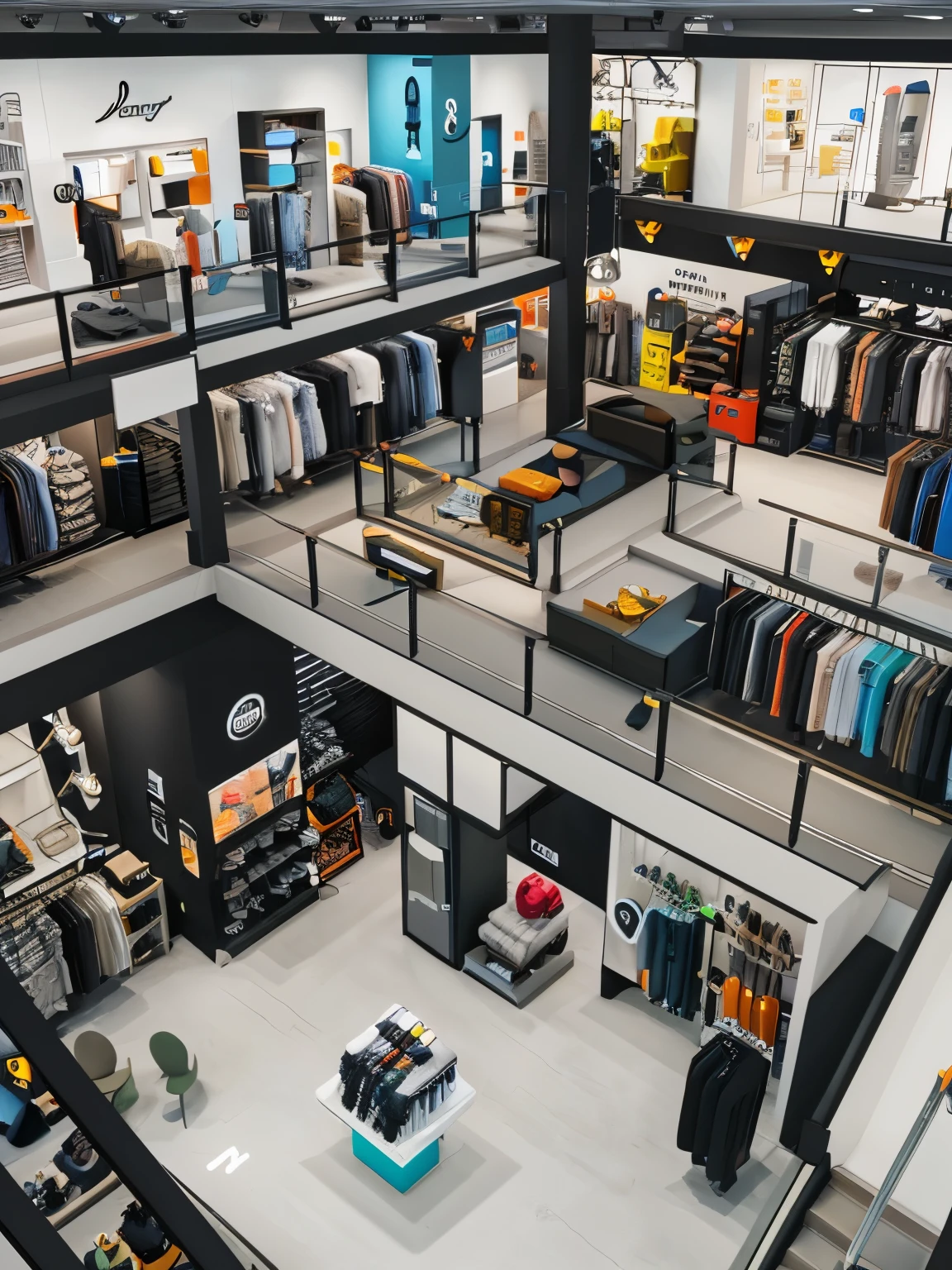 Imagine that,45-degree top-down view,Interior of the clothing store,One application uses AI to create realistic simulations of virtual environments, Allows users to explore interactive and customizable 3D scenes for a variety of purposes, As urban planning, Interior design & Professional training