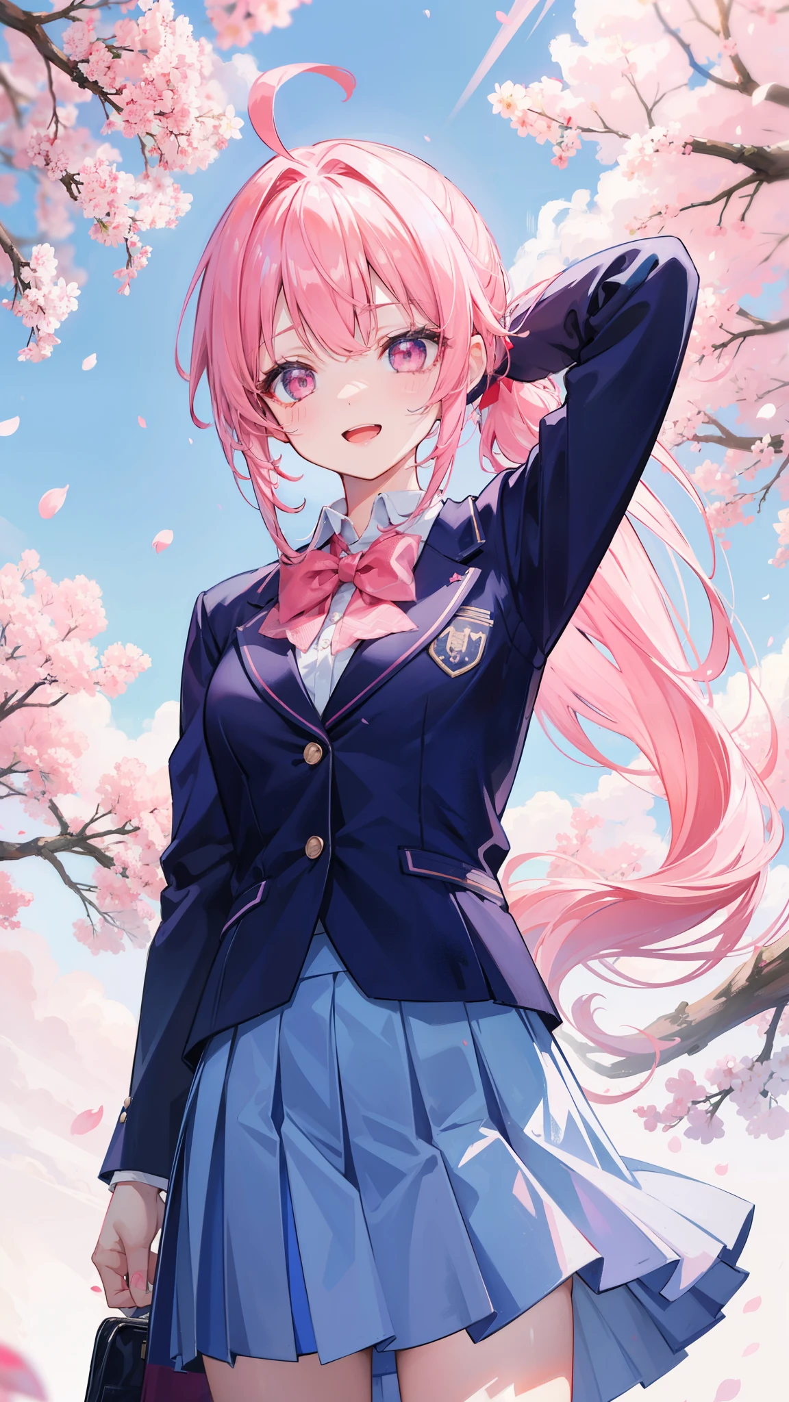 32k, 1girl, solo, long hair, looking at viewer, smile, open mouth, bangs, skirt, shirt, long sleeves, bow, ribbon, school uniform, standing, jacket, hair ribbon, white shirt, ponytail, pink hair, ahoge, :d, sidelocks, cowboy shot, pleated skirt, outdoors, sky, day, bowtie, pink eyes, arm up, red bow, tree, blue sky, blue skirt, petals, hair intakes, blazer, blue jacket, cherry blossoms, 