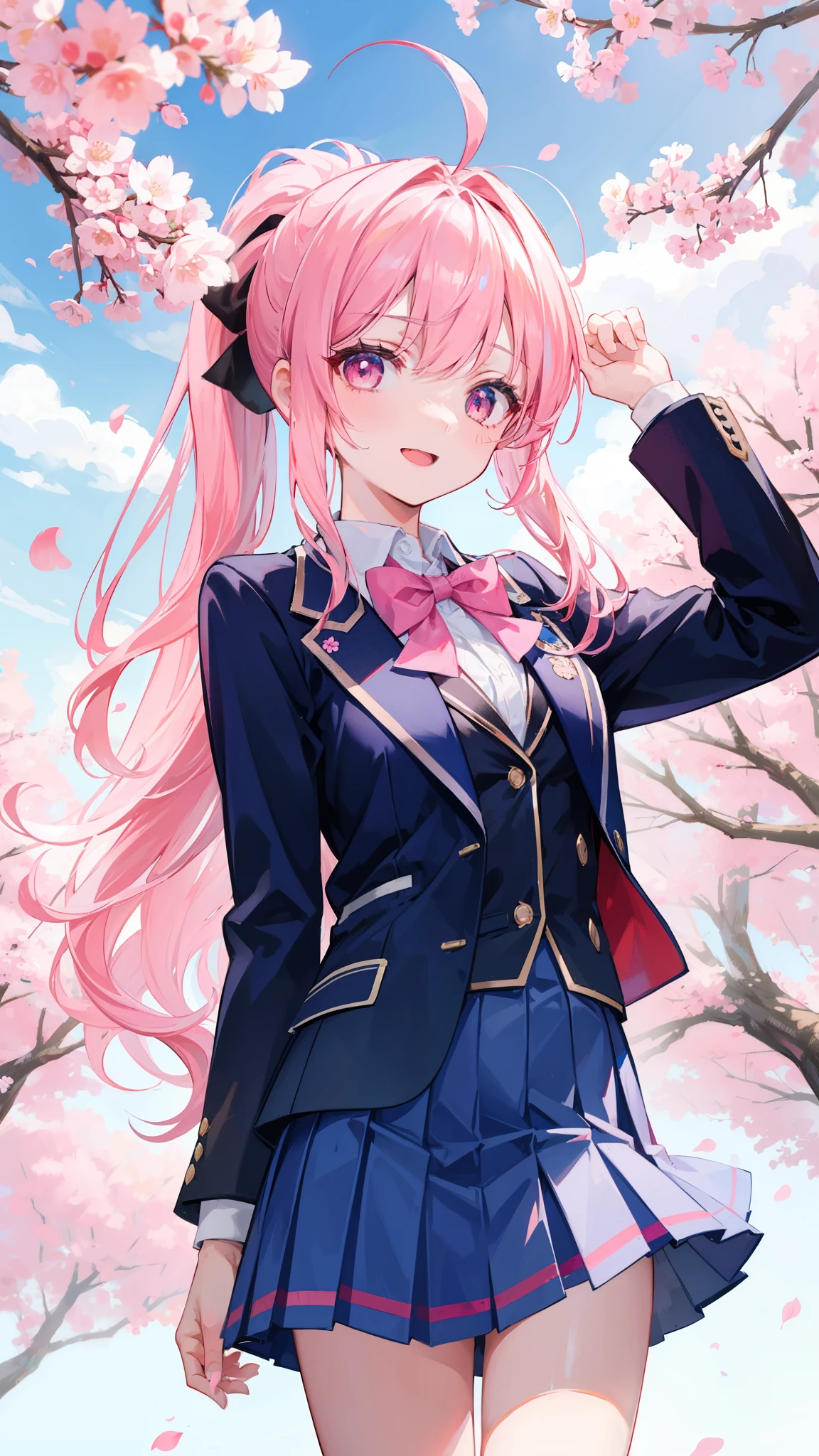 32k, 1girl, solo, long hair, looking at viewer, smile, open mouth, bangs, skirt, shirt, long sleeves, bow, ribbon, school uniform, standing, jacket, hair ribbon, white shirt, ponytail, pink hair, ahoge, :d, sidelocks, cowboy shot, pleated skirt, outdoors, sky, day, bowtie, pink eyes, arm up, red bow, tree, blue sky, blue skirt, petals, hair intakes, blazer, blue jacket, cherry blossoms, 