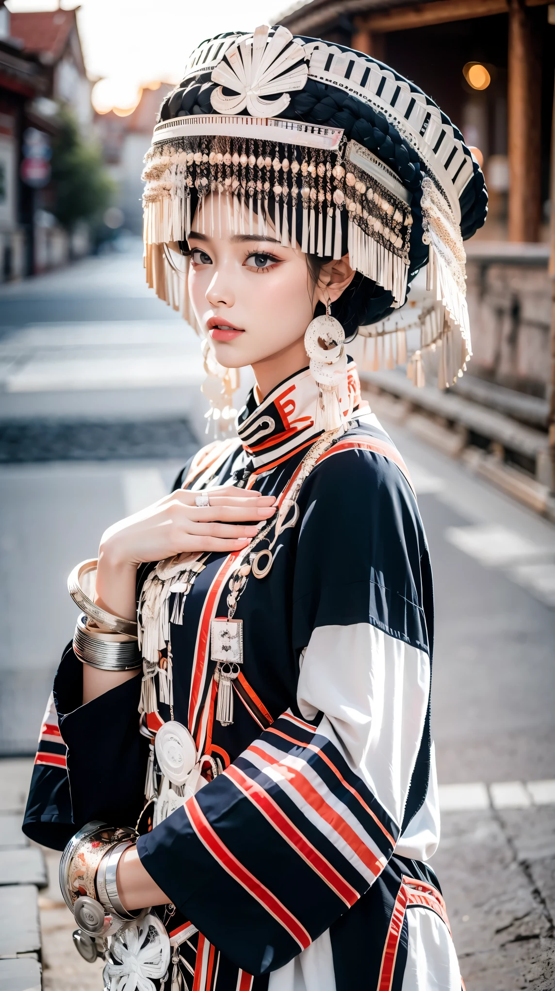 (good structure),high dynamic range,ultra high definition,8k,Yi ethnic Luoguo hat,1girl,Chinese Yi ethnic clothing,Silver metal headwear, blurry, blurry background, bracelet, cloud, depth of field,Yi ethnic metal jewelry,Headwear metal tassels,Silver metal hat, earrings, jewelry, lips, long sleeves, looking at viewer, open book, sky, solo, sunset, watch