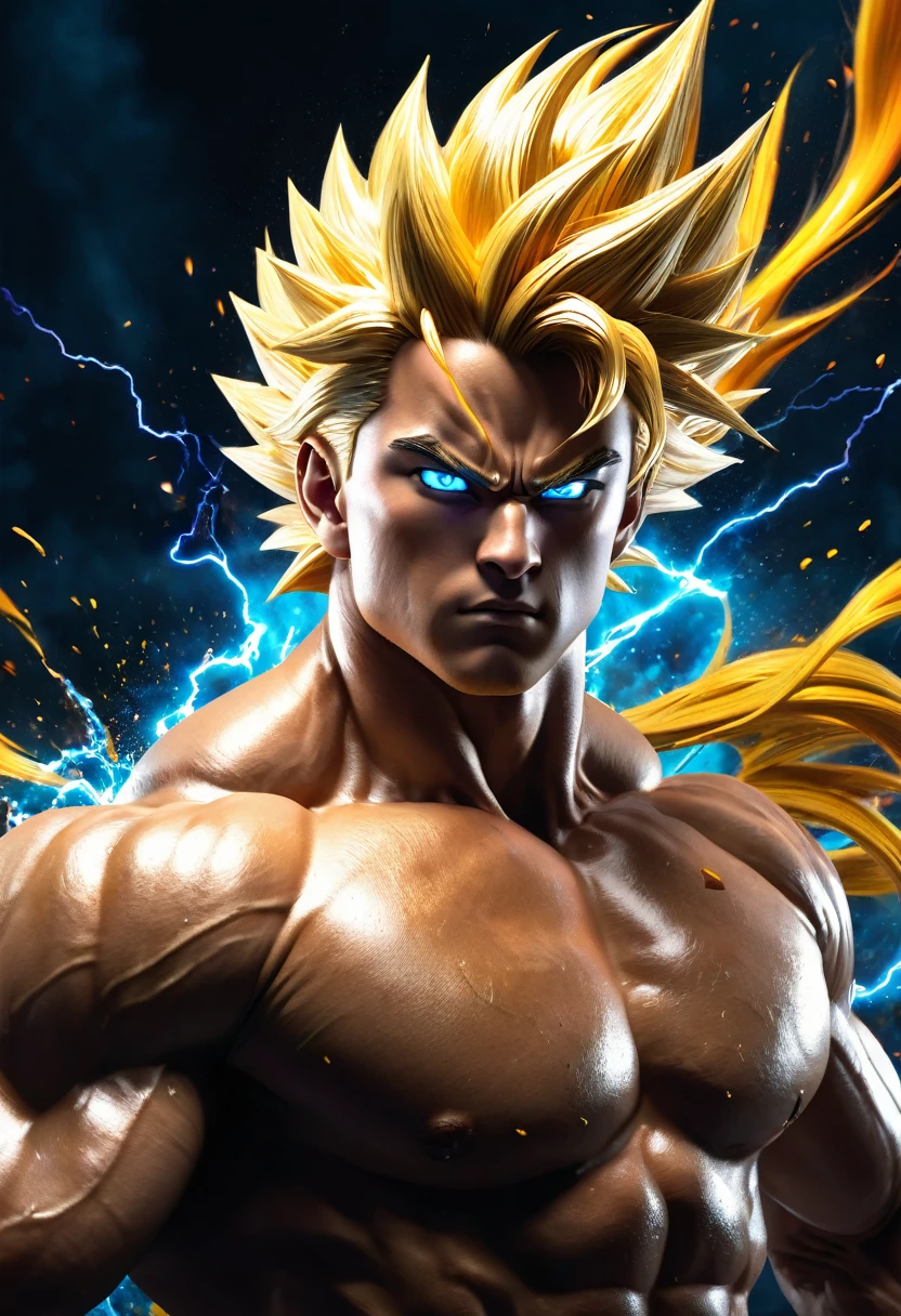 (best quality,4k,8k,highres,masterpiece:1.2),ultra-detailed,(realistic,photorealistic,photo-realistic:1.37),portraits,anime,colorful,studio lighting,action-packed,warrior,energetic,fiery,explosive,super saiyan transformation,Massive power aura,golden hair,fiery punches,kamehameha,electric blue energy blasts, martial arts, intense battle, epic fight scenes, dynamic poses, vibrant backgrounds,emotionally charged,muscular, iconic spiky hair, bulging veins, glowing blue eyes, powerful muscles, athletic build