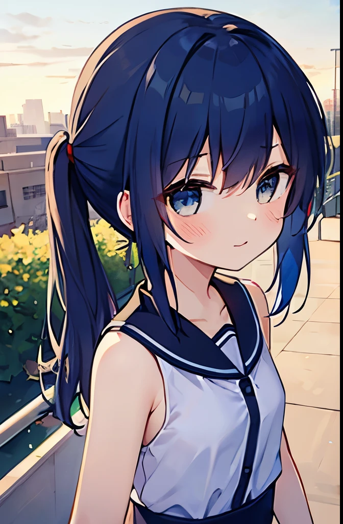 masterpiece, highest quality, 1 girl, primary school student, long hair, (( blue hair and red hair : 1.4 )), long hair, ponytail, blue eyes, hospital rooftop, fence, Wearing surgical gowns, ((details face)), ((No expression)), 病院のIn the roof, In the roof, (open your arms), smile, (standing on the railing), sunny