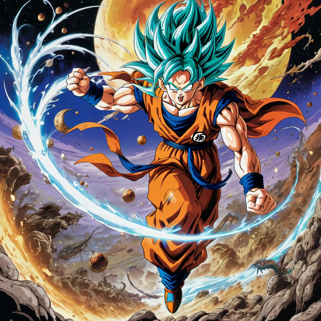 Dragonball, aesthetic, extremely detailed, Epic, High-resolution, Illustration, mid shot, Dragonball, exhilarated, powering up, otherworldly battle, alien planet, vibrant colors, dynamic lighting, edge lighting, fantasy, contrast, Fujifilm Superia, cinematic, Akira Toriyama, Jim Lee, Todd McFarlane.