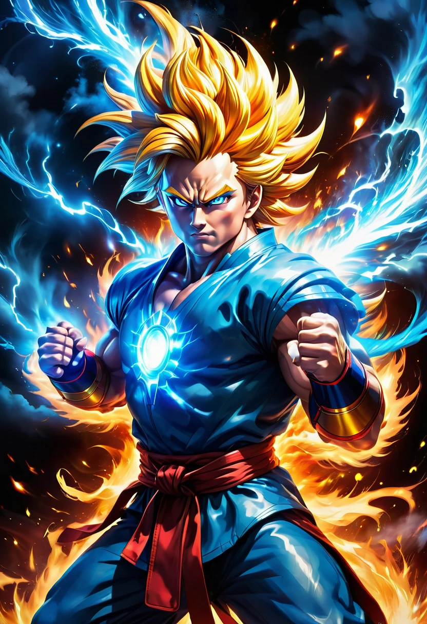(best quality,4k,8k,highres,masterpiece:1.2),ultra-detailed,(realistic,photorealistic,photo-realistic:1.37),portraits,anime,colorful,studio lighting,action-packed,warrior,energetic,fiery,explosive,super saiyan transformation,Massive power aura,golden hair,fiery punches,kamehameha,electric blue energy blasts, martial arts, intense battle, epic fight scenes, dynamic poses, vibrant backgrounds,emotionally charged,muscular, iconic spiky hair, bulging veins, glowing blue eyes, powerful muscles, athletic build