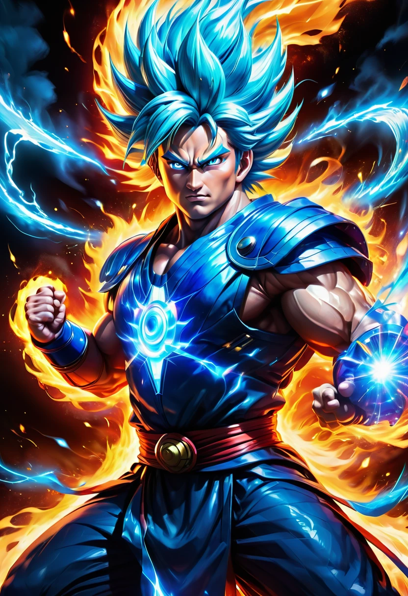 (best quality,4k,8k,highres,masterpiece:1.2),ultra-detailed,(realistic,photorealistic,photo-realistic:1.37),portraits,anime,colorful,studio lighting,action-packed,warrior,energetic,fiery,explosive,super saiyan transformation,Massive power aura,golden hair,fiery punches,kamehameha,electric blue energy blasts, martial arts, intense battle, epic fight scenes, dynamic poses, vibrant backgrounds,emotionally charged,muscular, iconic spiky hair, bulging veins, glowing blue eyes, powerful muscles, athletic build