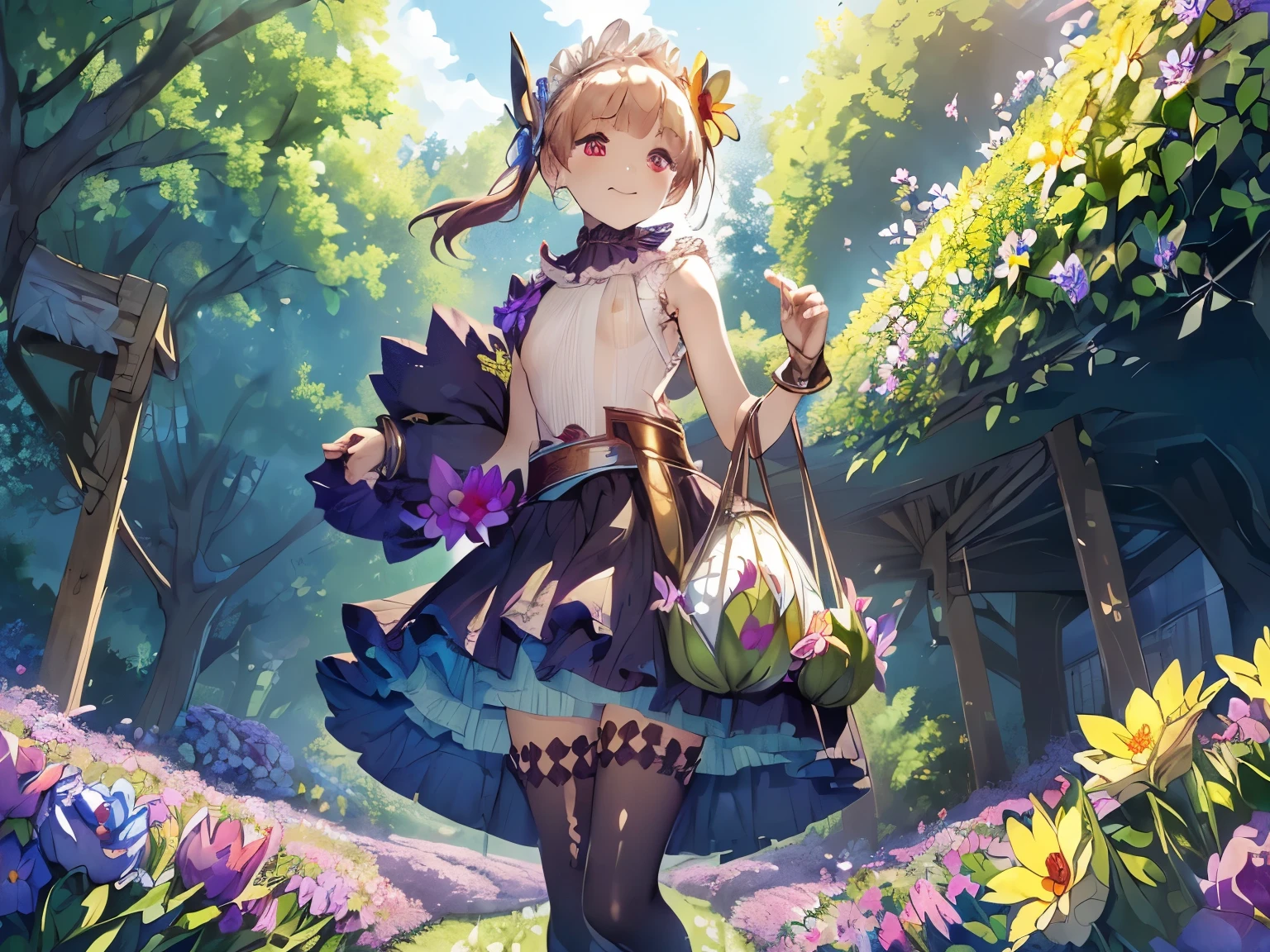 (masterpiece, absurd quality, best quality, official art, beautiful and aesthetic:1.2), 16K, cute petit girl, extreme detailed, digital art, colorful, highest detailed, vivid color, by famous artist, (transform sequence), babyface, cinematic lighting, (from below:1.5), dynamic angle, landscape, (dirty clothes:1.5), scenery, (soro:1.5), (flower field:1.5), (outdoor:1.5), (extreme detailed lips:1.3), eyelashes, extremely detailed face, (perfect legs, perfect hands, perfect anatomy:1.1), depth of field, dappled sunlight, beautiful lighting, chibi, (floating hair:1.3), detailed skin, shiny, (suspended:1.5), (Uplifting:1.5), (sexual feeling:1.0), shiny skin, shiny hair, shiny face, shiny skin, (voluminous frills skirt,:1.5) ,(voluminous panniers in skirt:1.5), (orgasm face:1.3), disheveled clothes, (full body:1.5), from front, (small breasts:1.5), (clothed:1.3), (sleeveless:1.5), Realistic skin, Golden ratio, Naughty smile, {Demon King}, sparkle, glowing light, Denoising strength, blue sky, garden, sparkle background, cloud,