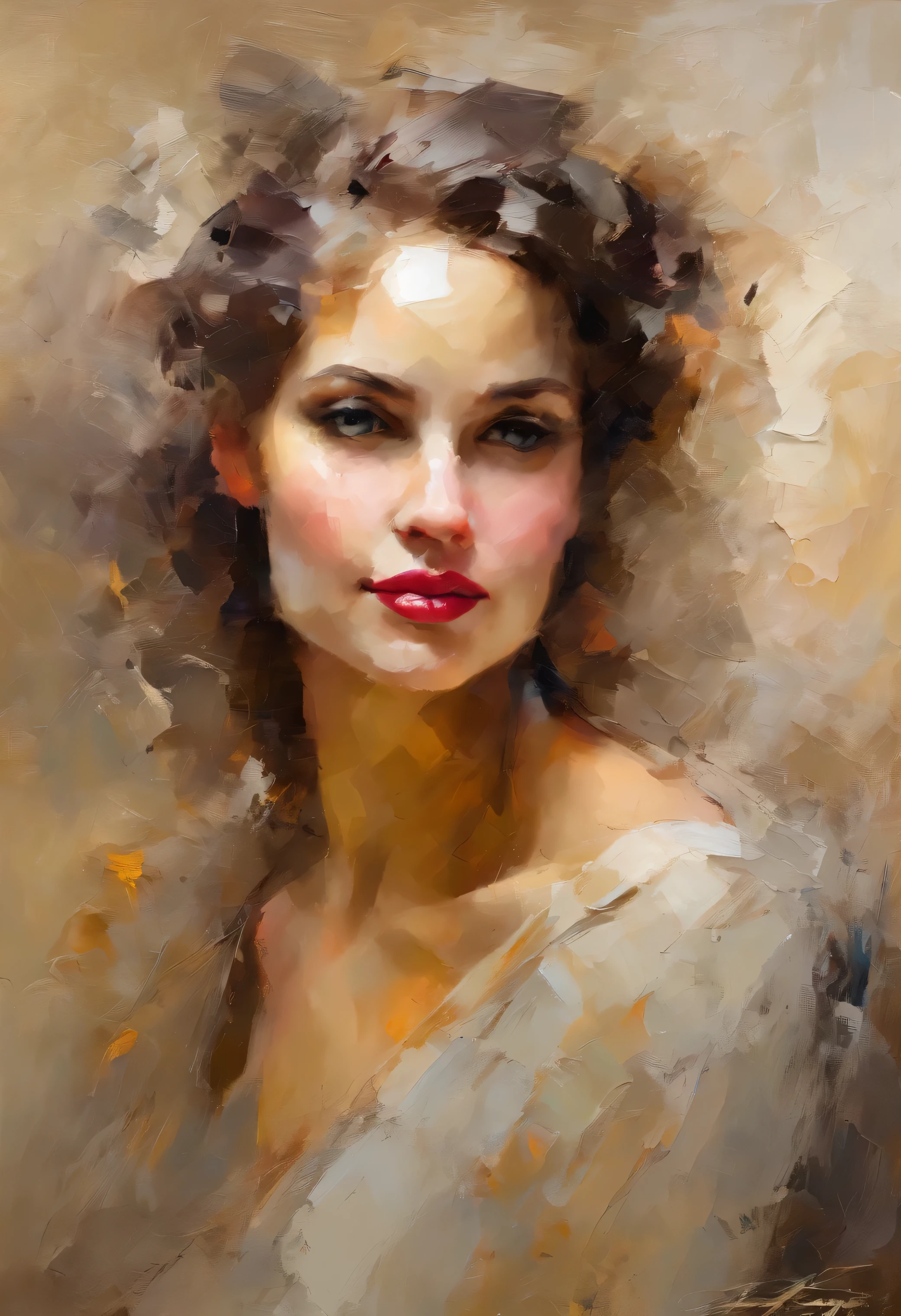 Portrait artwork inspired by Pino Daeni, perfect body shape, sketch, drawing, or watercolor artwork impasto style. Perfect reflections. Abstract impasto background, light beige color only
