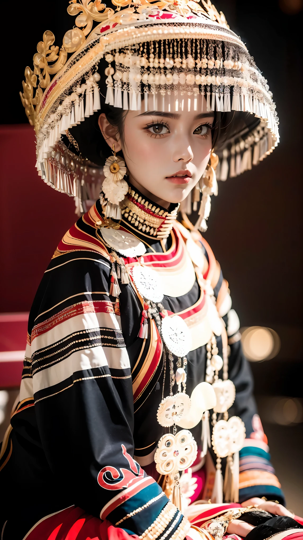 (good structure),high dynamic range,ultra high definition,8k,1girl,Chinese Yi ethnic clothing, beads, black background, black hair, braid, brown eyes, dark-skinned female, dark skin, dress, earrings, headdress, jewelry, lips, lipstick, looking at viewer, solo