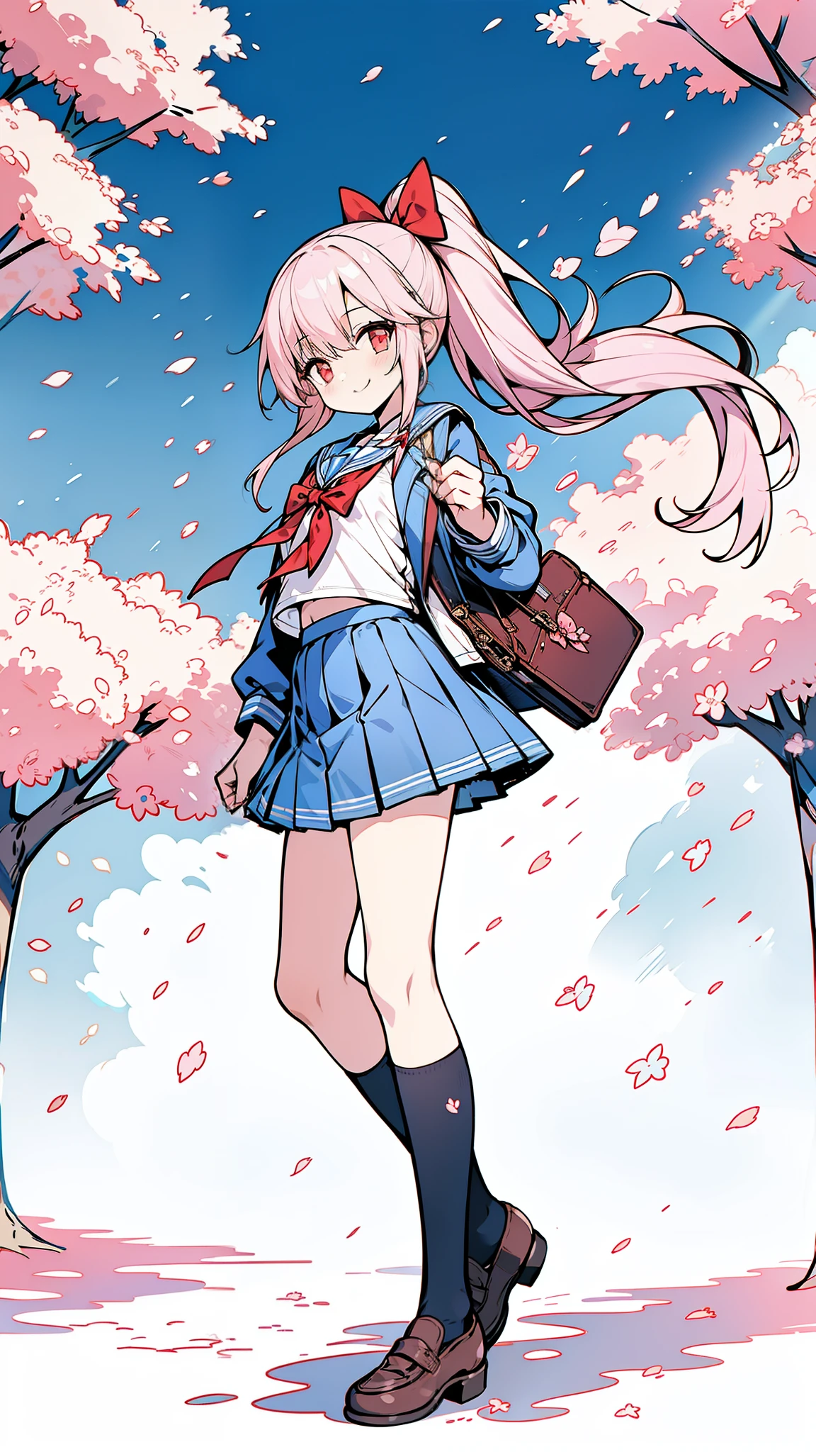 32k, 1girl, solo, long hair, smile, skirt, shirt, red eyes, bow, ribbon, school uniform, jacket, full body, hair ribbon, white shirt, ponytail, pink hair, pleated skirt, outdoors, open clothes, sky, shoes, serafuku, day, socks, pink eyes, sailor collar, red bow, open jacket, tree, blue skirt, kneehighs, petals, brown footwear, white socks, blue jacket, cherry blossoms, loafers, 