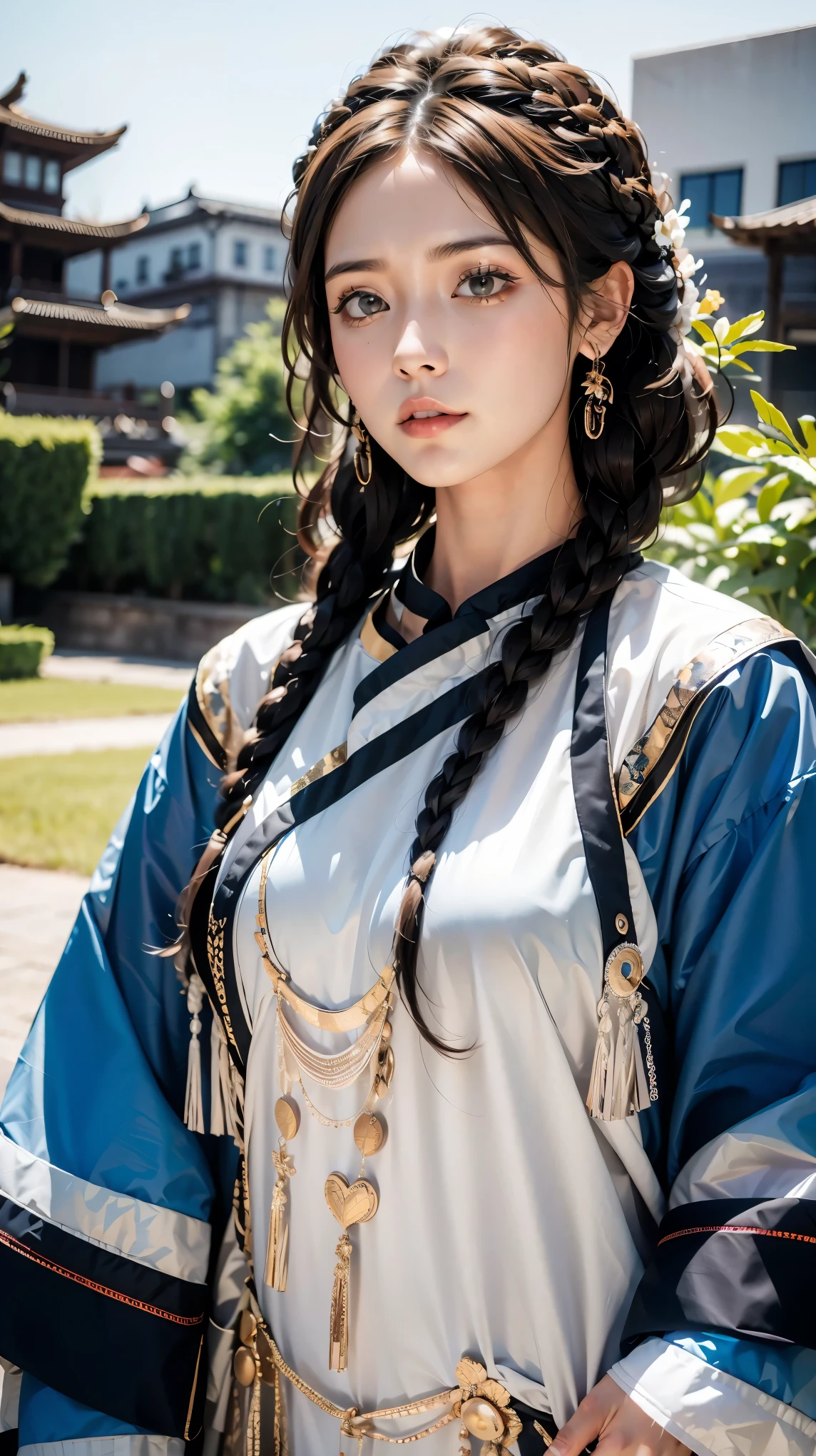 (good structure),high dynamic range,ultra high definition,8k,1girl,Chinese Yi ethnic clothing, blurry, blurry background, blurry foreground, braid, brown hair, building, city, day, depth of field, earrings, floral print, flower, grey eyes, hair ornament, hair over shoulder, jewelry, lips, long hair, long sleeves, looking at viewer, multiple braids, outdoors, plant, solo, twin braids, upper body