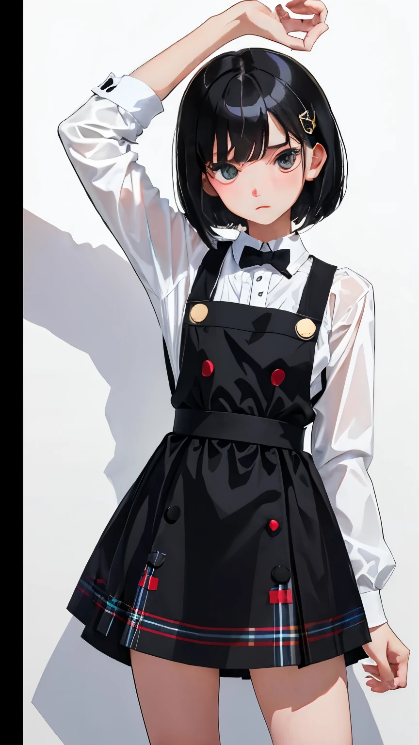 (short cute girl，small young student，young delicate girl）,（masterpiece，Top quality)，black tartan check pinafore，black medium bob，sleepy，white background