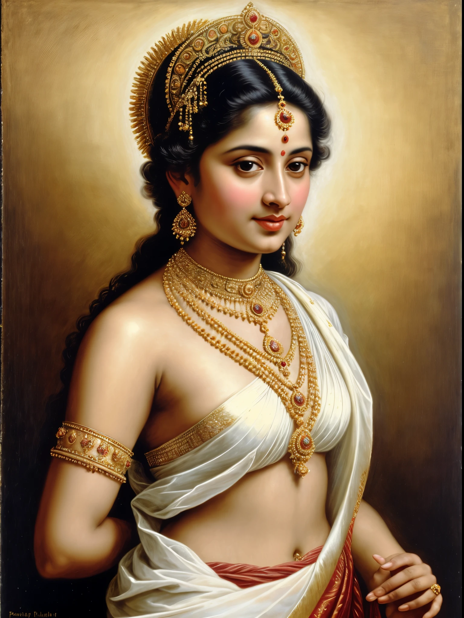 Beautiful Indian Woman, wearing saree, sari Beauty, gorgeous, Apsara, Maharani, royal queen woman, nymph from Hindu Mythology, Urvashi, matchless beauty, Highly detailed, Oil Painting by Peter Paul Rubens inspired by Raja Ravi Varma, Matchless beauty, captivating, gorgeous, heavenly beauty, celestial beauty, by Peter Paul Rubens, 1893, realistic, hyper realistic, micro details, incredible artwork, insane details, ultra High resolution, 8k, 32k, acrylic on canvas, intricate, flawless, detailed, detailed face, detailed eyes, masterpiece, by Peter Paul Rubens, by Caravaggio, by William Adolphe bouguereau, perfect face, perfect body, beautiful art, realism, baroque, renaissance Art, highly textured, beautiful and detailed eyes, uhd, best quality,
