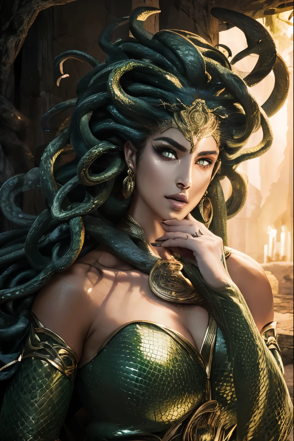 Looks like Nayanthara, “Draw Medusa from Greek mythology based on her classical description. Portray a woman of unearthly beauty with a pale face, chiseled features and piercing eyes. Seu cabelo deve ser composto por serpentes vivas e venenosas, variando em tamanho e cor, com escamas reluzentes e olhos sinistros. Vista-a com uma veste que lembra uma armadura feita de escamas de serpentes. It has sharp claws on its hands and membranous wings on its back.. Make sure you capture the mischievous expression in his smile, while maintaining a menacing, petrifying look in his eyes. Convey your fearsome and terrifying nature in every detail.