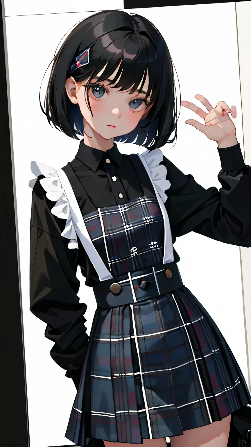 (short cute girl,small young student,young delicate girl),(masterpiece,Top quality),black tartan check pinafore,black medium bob,sleepy,white background