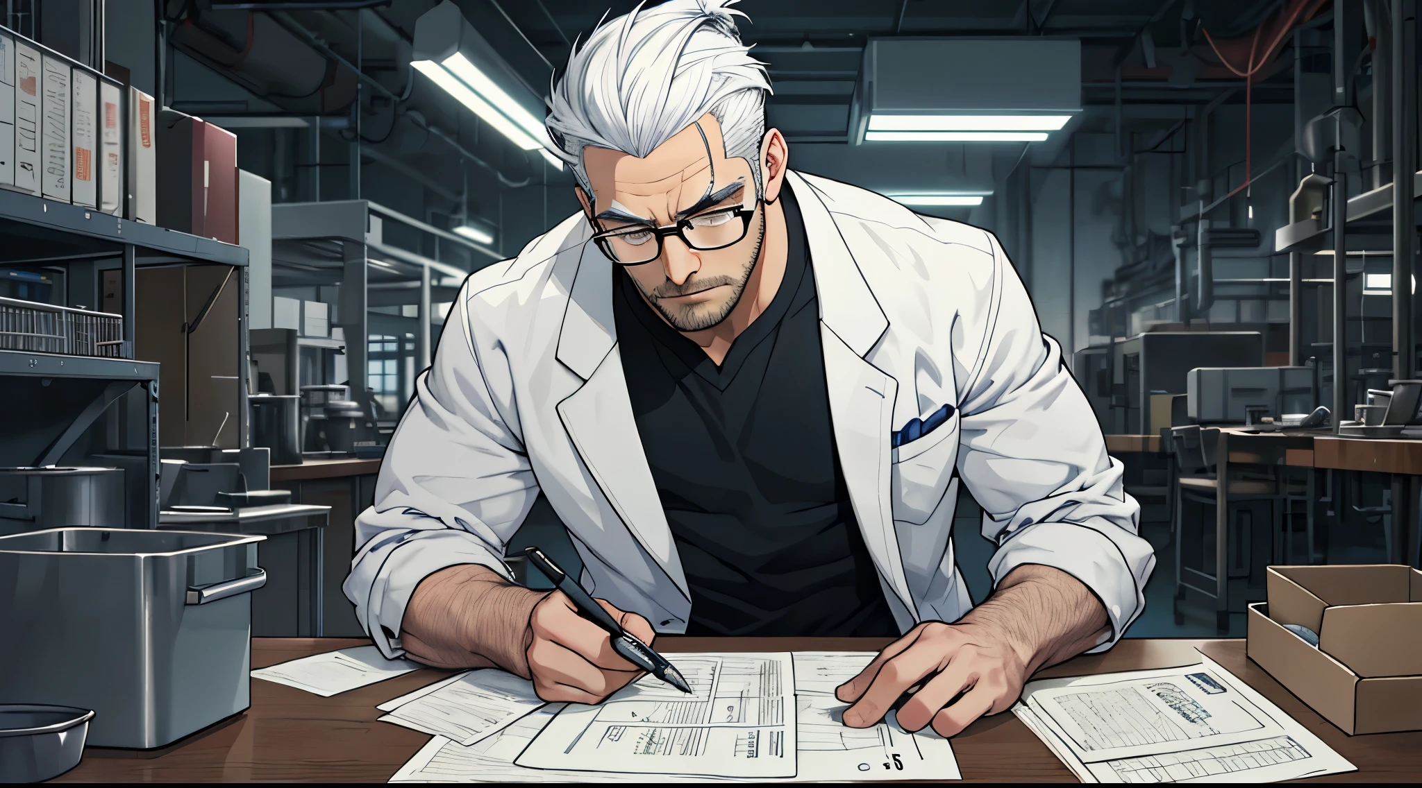 (High resolution, industrial psychologist, Man with glasses, white clothes, slicked back hair, intense concentration), sitting at a long table in an industrial environment, assembly line in the background, cooking paper, pen, calculator, And the blueprint unfolds, deep in thought, One hand touches the tip of the chin, tap the table rhythmically with your other hand.background is white