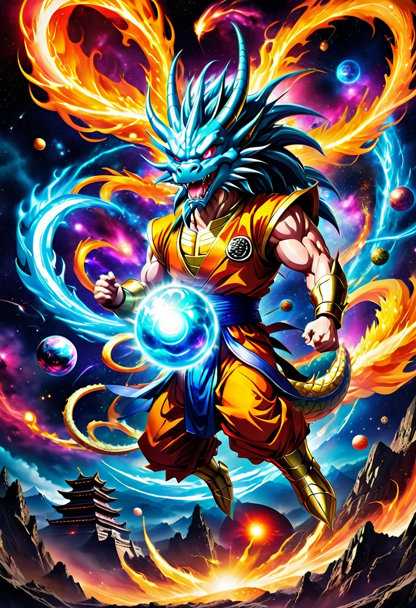 best quality,highres,ultra-detailed,realistic,photorealistic:1.37,action scenes,anime,Dragonball,Z Fighters,fighting,energy blasts,flying,explosions,powerful poses,dynamic poses,superpower,fiery aura,detailed facial expressions,intense battles,colorful characters,power levels,powerful transformations,ki attacks,super saiyan forms,epic battles,floating mountains,scenic backgrounds,dramatic lighting,vivid colors,strong character designs,spiky hair styles,Dragon Balls,sacred artifacts,cosmic energy,dragon Shenron,summoning,protecting the Earth,galactic martial arts tournament,training at gravity chamber,fierce competition,immersive world,inspiring and epic narrative,iconic anime,muscular physiques,stylized art style,original dragonball storylines,long-running series