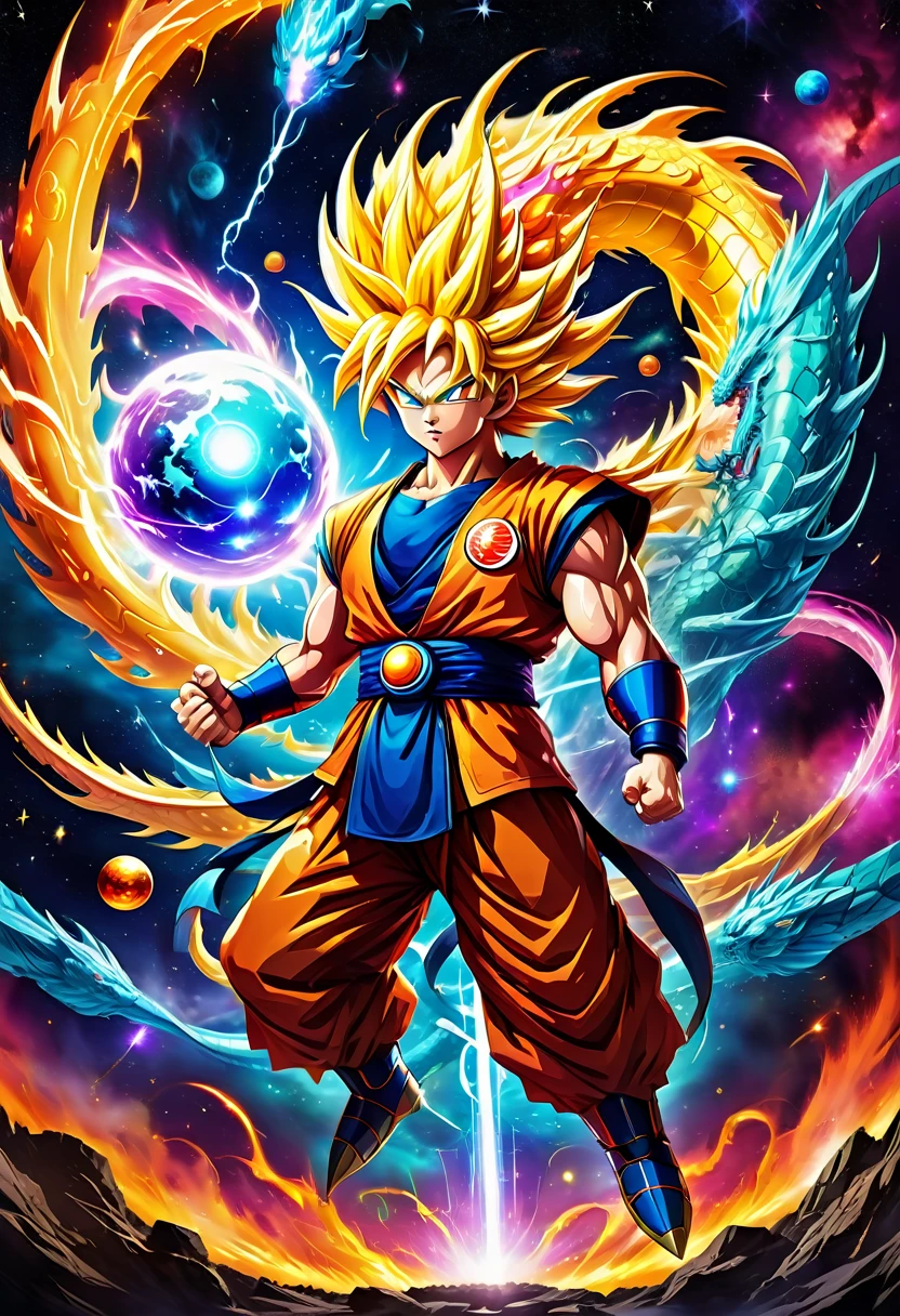 best quality,highres,ultra-detailed,realistic,photorealistic:1.37,action scenes,anime,Dragonball,Z Fighters,fighting,energy blasts,flying,explosions,powerful poses,dynamic poses,superpower,fiery aura,detailed facial expressions,intense battles,colorful characters,power levels,powerful transformations,ki attacks,super saiyan forms,epic battles,floating mountains,scenic backgrounds,dramatic lighting,vivid colors,strong character designs,spiky hair styles,Dragon Balls,sacred artifacts,cosmic energy,dragon Shenron,summoning,protecting the Earth,galactic martial arts tournament,training at gravity chamber,fierce competition,immersive world,inspiring and epic narrative,iconic anime,muscular physiques,stylized art style,original dragonball storylines,long-running series