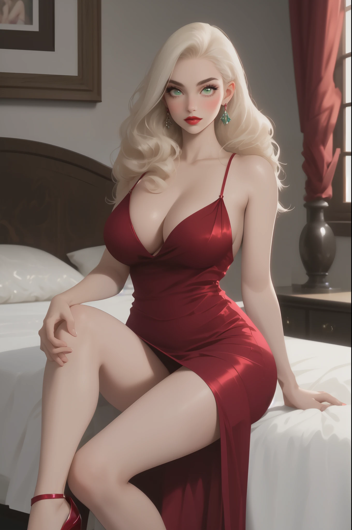 Playboy style photo, HQ, photoshoot, photorealistic, unique masterpiece, erotic art, (full body shot), (1woman), solo, tall, (height 177 cm), sexy, Russian woman, milf, 19 years old, sitting on the bed, legs crossed, bedroom, romantic bedroom, platinum blonde hair, bouffant messy hair, detailed facial description, detailed eyes description, large eyes, eye reflections, light green pupils, wearing luxury (ruby dress:1.5) made of thin silk, medieval style dresid-thigh length dress), bare shoulders, perfect hands, neckline, (red stiletto pimps), attractive female, (big massive breasts), ideal female body, narrow waist, (long slender legs), lipstick, red seductive lips, seductive pose, medium rhapsody hairstyle, makeup, 16k, CG