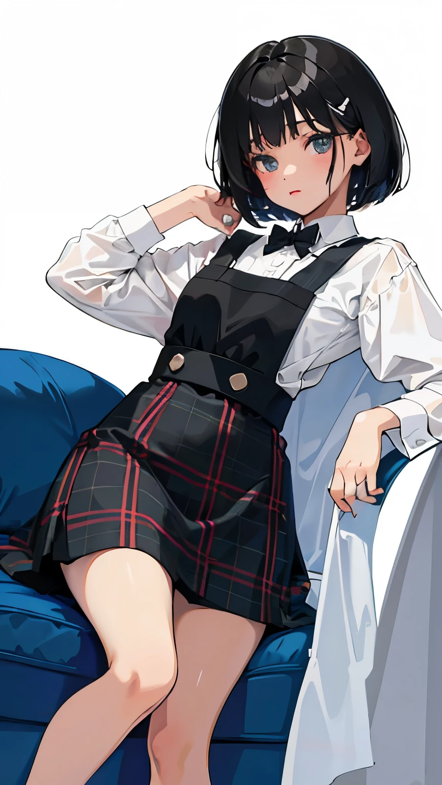 (short cute girl,small young student,young delicate girl),(masterpiece,Top quality),black tartan check pinafore,black medium bob,sleepy,white background