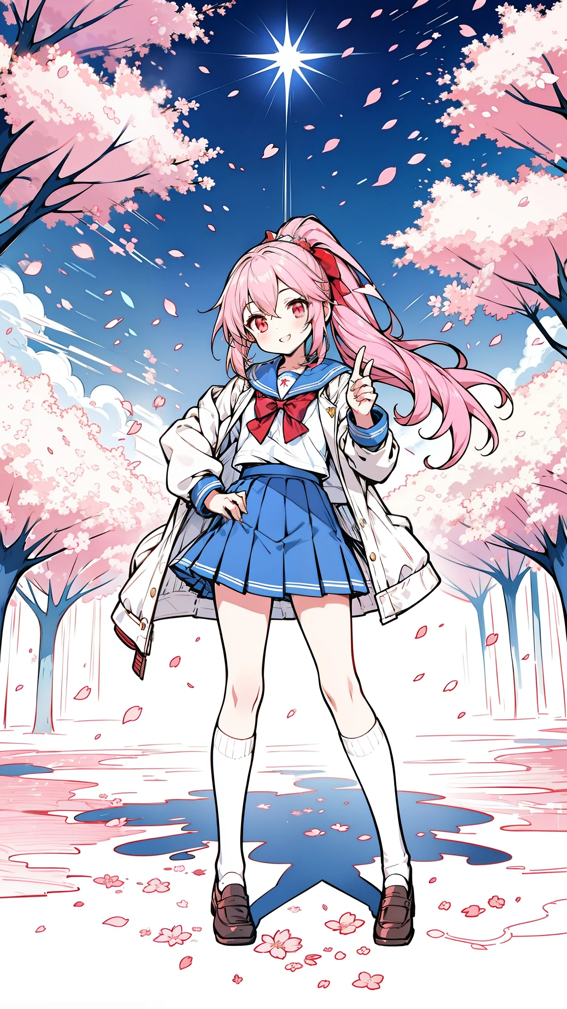 32k, 1girl, solo, long hair, smile, skirt, shirt, red eyes, bow, ribbon, school uniform, jacket, full body, hair ribbon, white shirt, ponytail, pink hair, pleated skirt, outdoors, open clothes, sky, shoes, serafuku, day, socks, pink eyes, sailor collar, red bow, open jacket, tree, blue skirt, kneehighs, petals, brown footwear, white socks, blue jacket, cherry blossoms, loafers, 