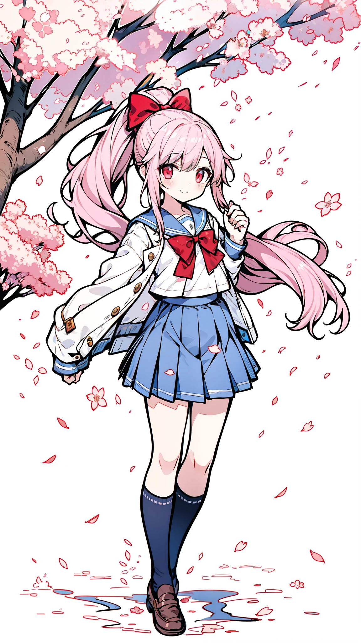 32k, 1girl, solo, long hair, smile, skirt, shirt, red eyes, bow, ribbon, school uniform, jacket, full body, hair ribbon, white shirt, ponytail, pink hair, pleated skirt, outdoors, open clothes, sky, shoes, serafuku, day, socks, pink eyes, sailor collar, red bow, open jacket, tree, blue skirt, kneehighs, petals, brown footwear, white socks, blue jacket, cherry blossoms, loafers,