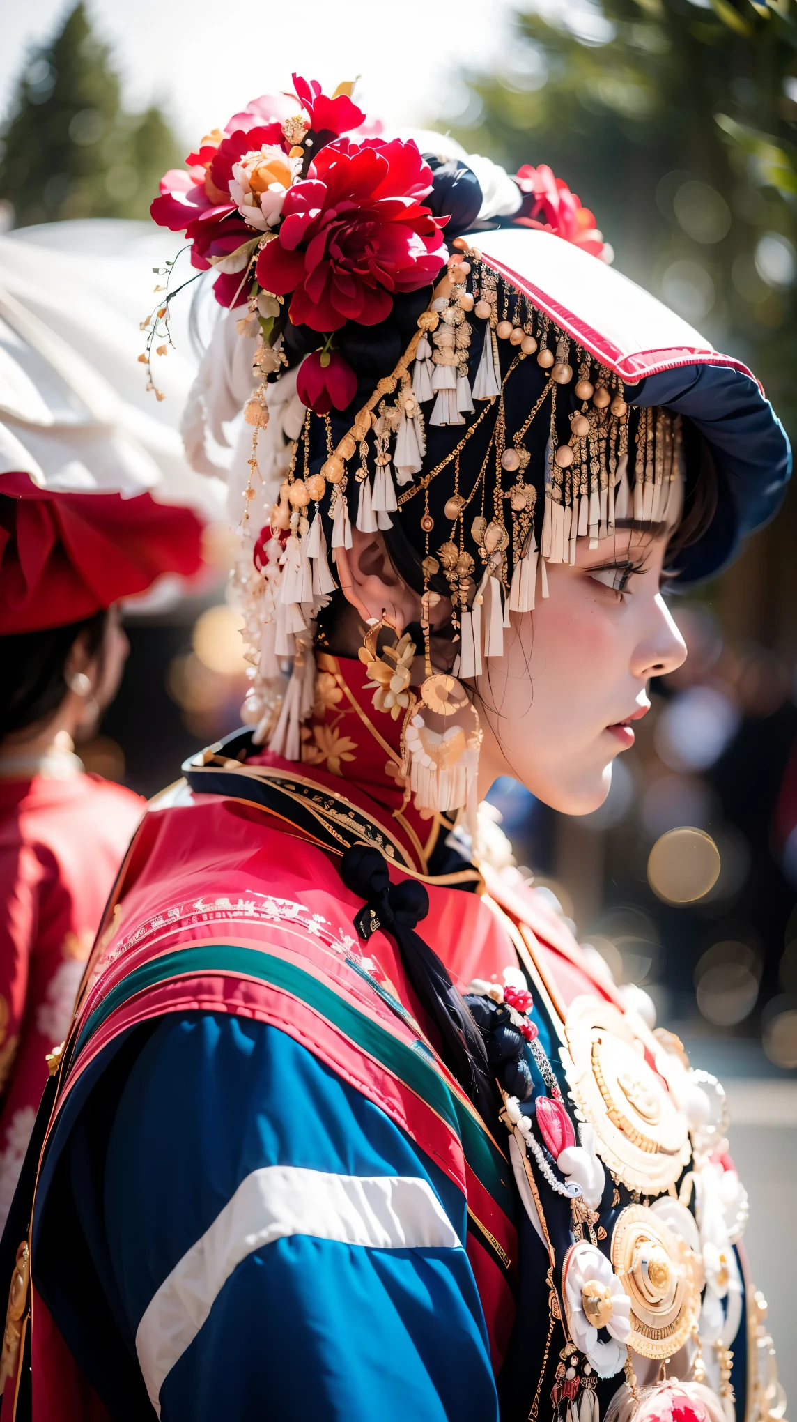 (good structure),high dynamic range,ultra high definition,8k,1girl,Chinese Yi ethnic clothing, blurry, earrings, holly, jewelry, lips, lipstick, profile, red flower, solo, strawberry hair ornament, upper body, wreath