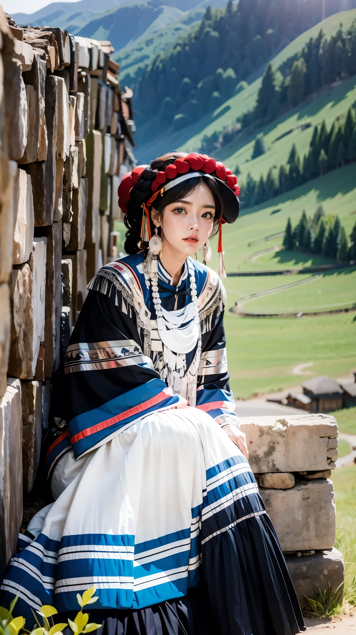 (good structure),high dynamic range,ultra high definition,8k,1girl,Chinese Yi ethnic clothing, black hair, blurry, blurry background, blurry foreground, chinese clothes, day, depth of field, dress,Yi ethnic chicken hat, earrings, jewelry, lips, mountain, ocean, outdoors, photo background, shore, sky, solo, sunset